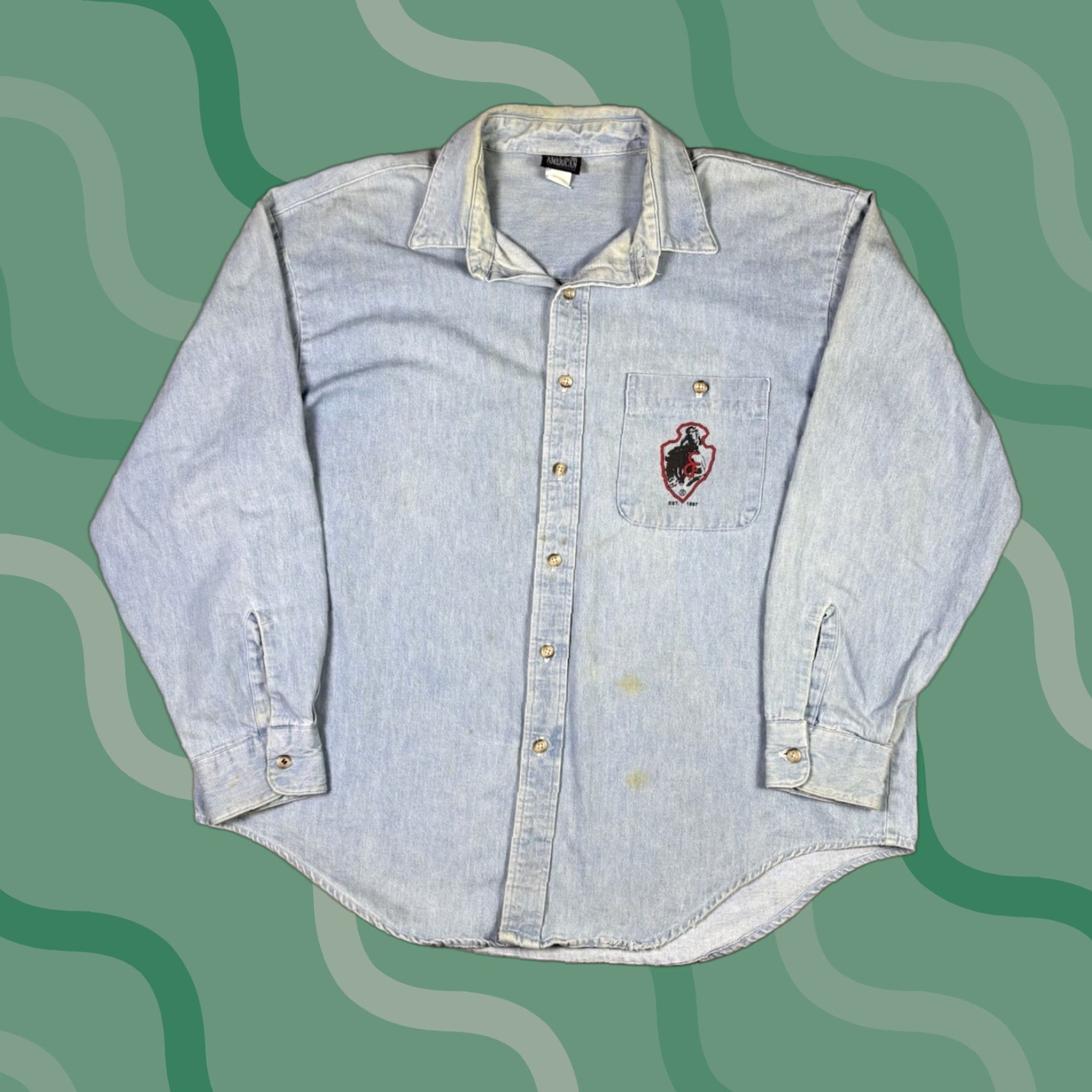 Denime VINTAGE Real American Actionwear Denim Shirt 1994 Cowboy BullRiding Rodeo XL Blue Denim Men’s Shirt Size US M / EU 48-50 / 2 - 1 Thumbnail