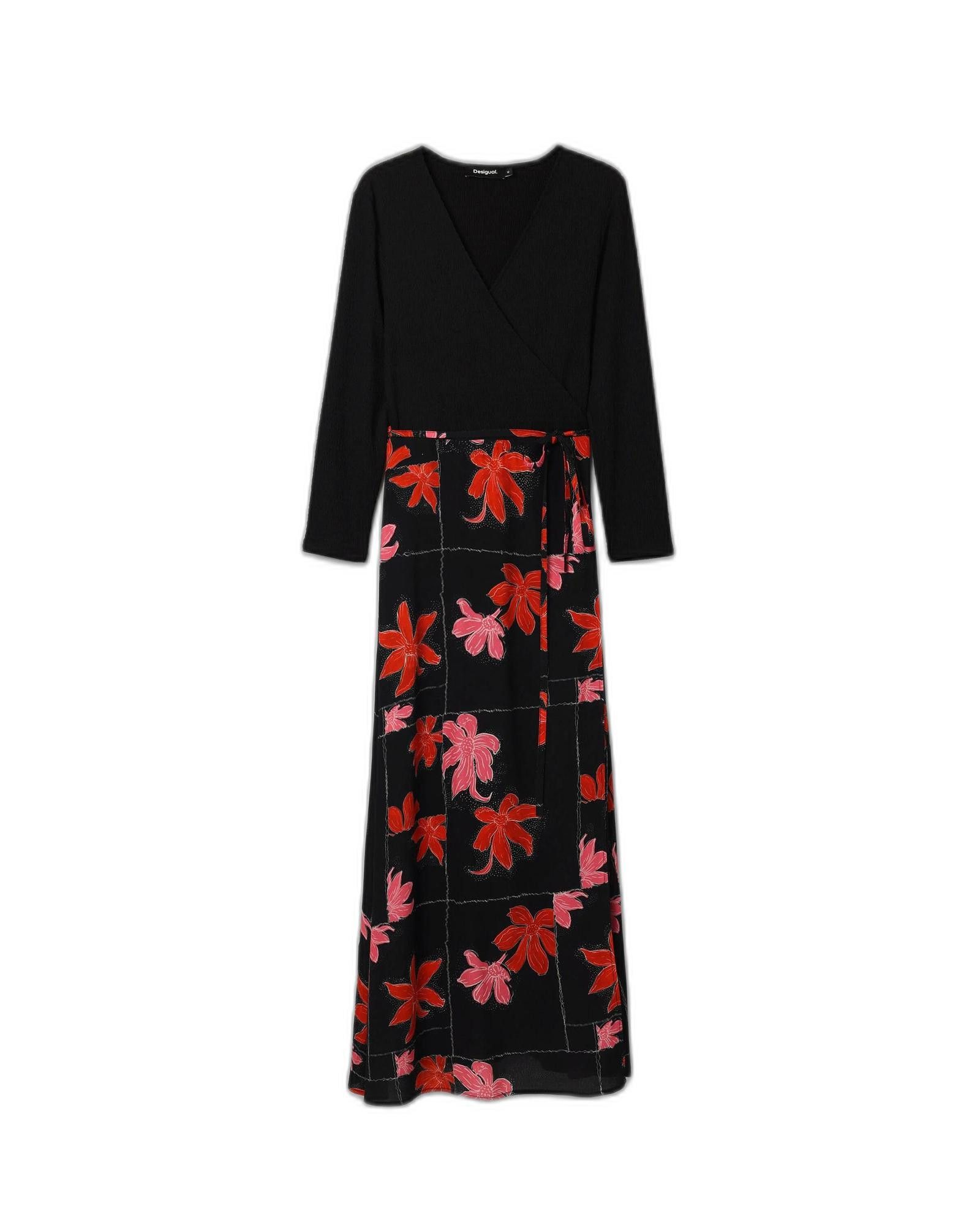 image of Desigual Floral Long Sleeve V-Neck Dress - in Black, Women's (Size Small)