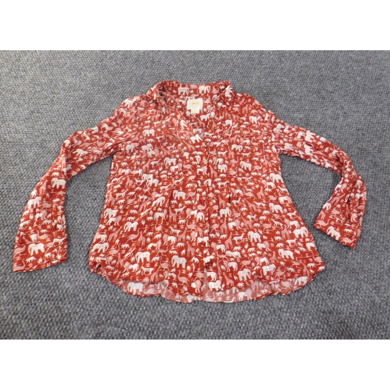 Vintage Maeve Shirt Womens 2 Red Animal Print Button-Up Rayon Long Sleeve Collared Jungle Lions Elephant Size XS / US 0-2 / IT 36-38 - 3 Thumbnail