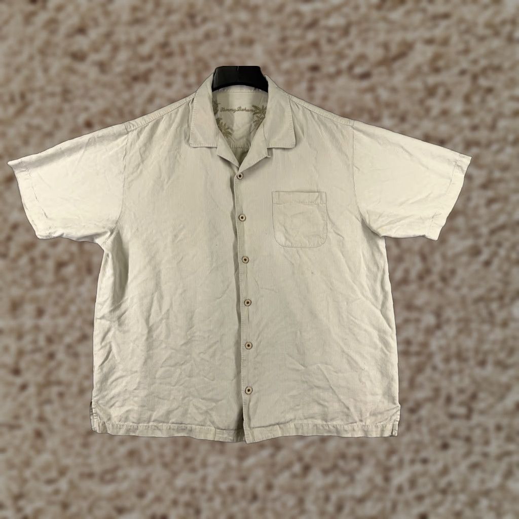 Tommy Bahama Tommy Bahama Shirt Men XL Beige Stripe 100% Silk Button Up Casual Hawaii Aloha Resort Beach Shirt Size US XL / EU 56 / 4 - 1 Thumbnail