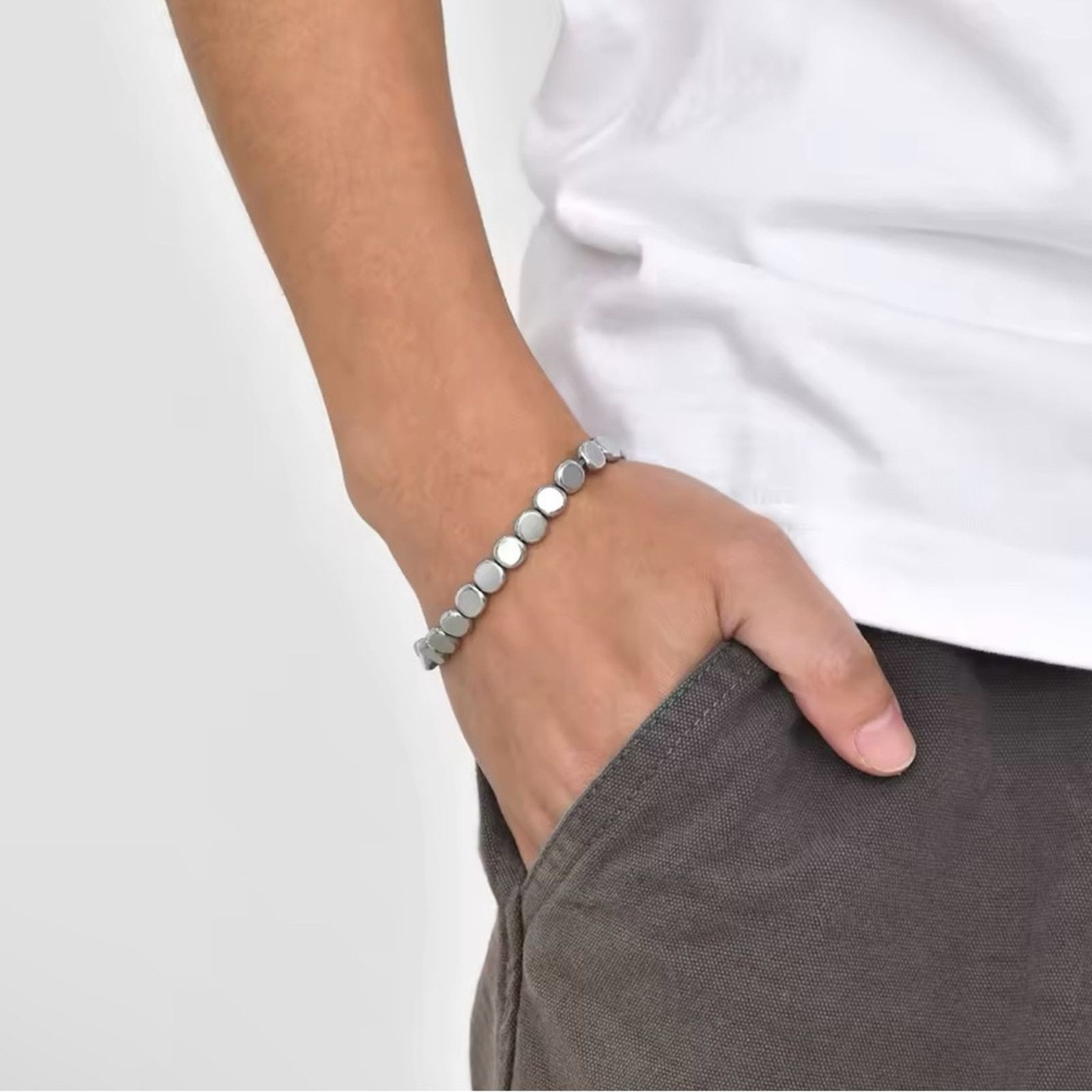 Other Flat Round Hematite Bracelets for Men Silver Gallstone Hand Size ONE SIZE - 2 Thumbnail