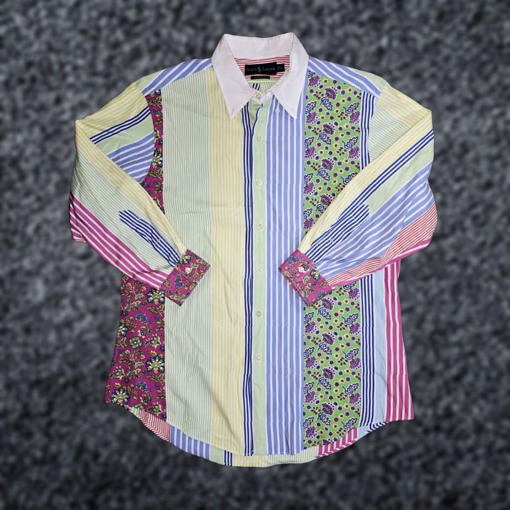 VINTAGE Ralph Lauren Custom Fit Floral Striped Rainbow Button-Up Shirt Men's Size Large