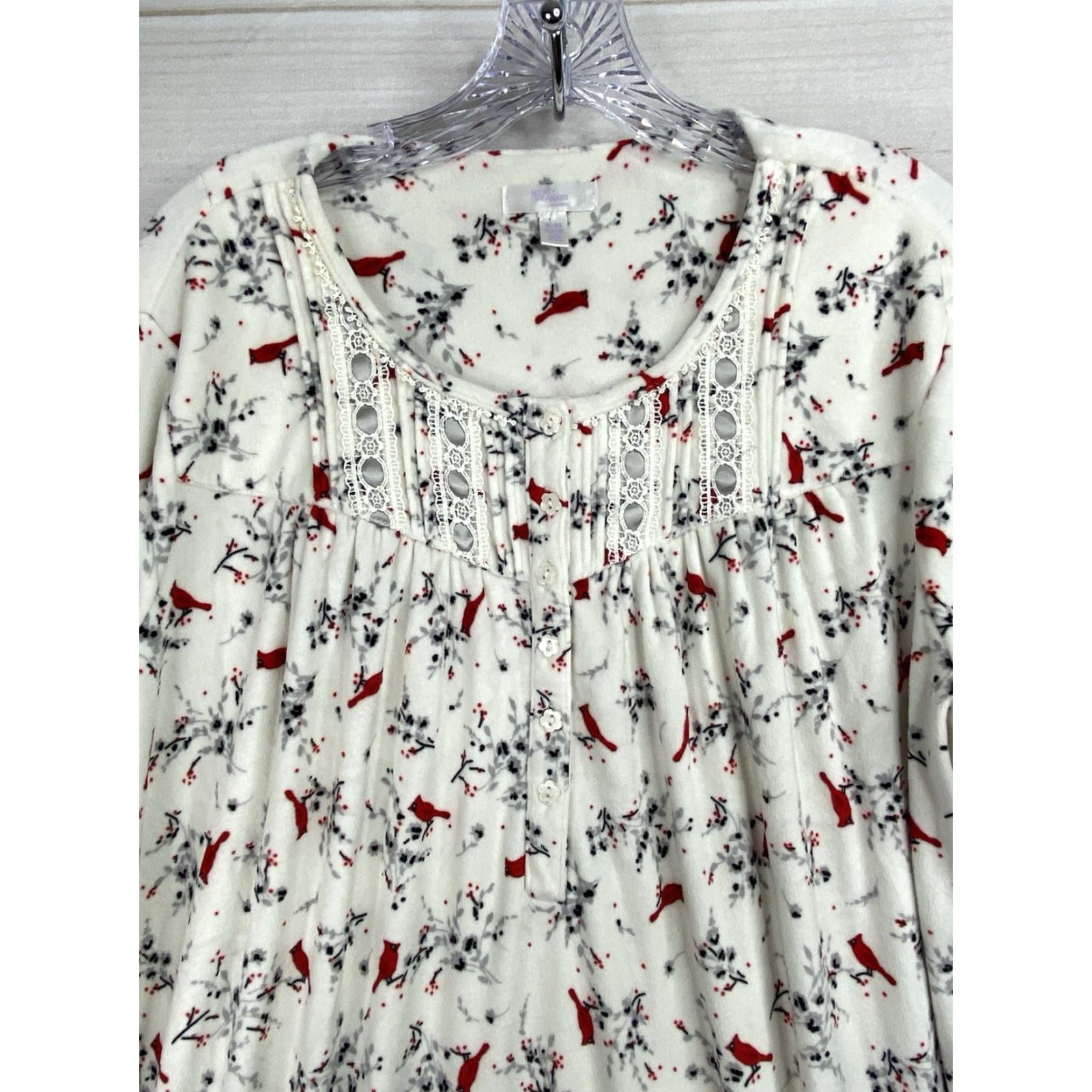Vintage Secret Treasures Nightgown XL Cardinals Lace Plush Fleece Buttons L/S Size ONE SIZE - 2 Thumbnail