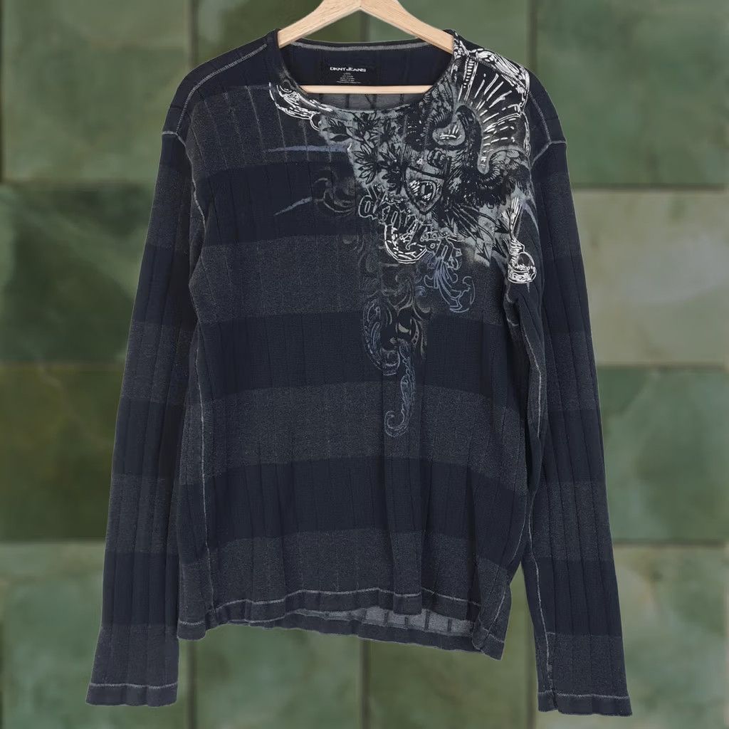 DKNY DKNY Jeans Sweater Mens Large Striped Graphic Eagle Crewneck Affliction Style Size US L / EU 52-54 / 3 - 1 Thumbnail