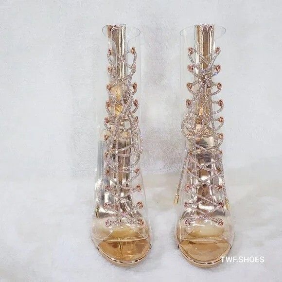 Other See Me Rose Gold Rhinestone Laces Heels Clear Upper Open Toe Size US 6 / IT 36 - 3 Thumbnail