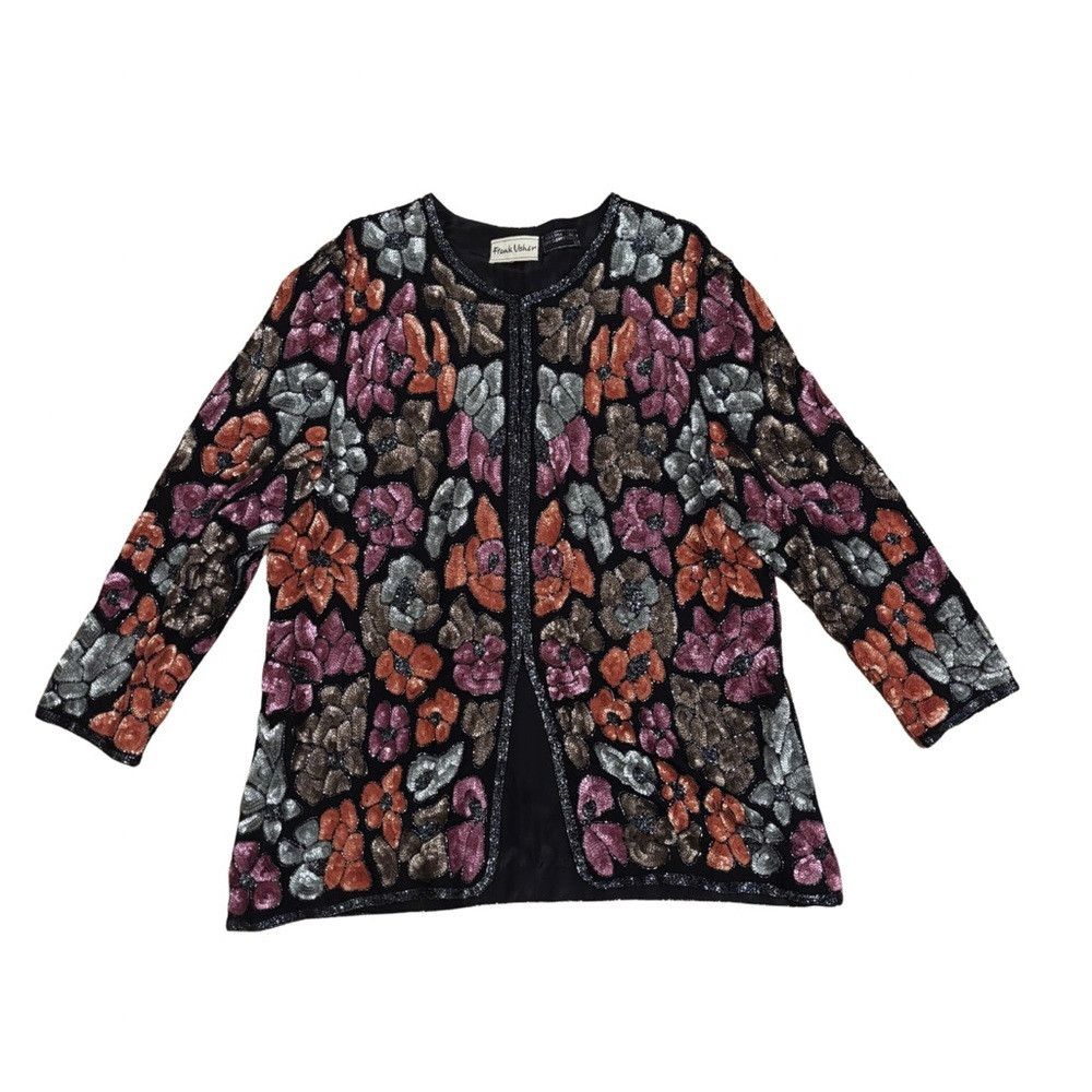 Vintage Vintage Frank Usher Beaded Silk Floral Patterned Cardigan Size L / US 10 / IT 46 - 1 Thumbnail