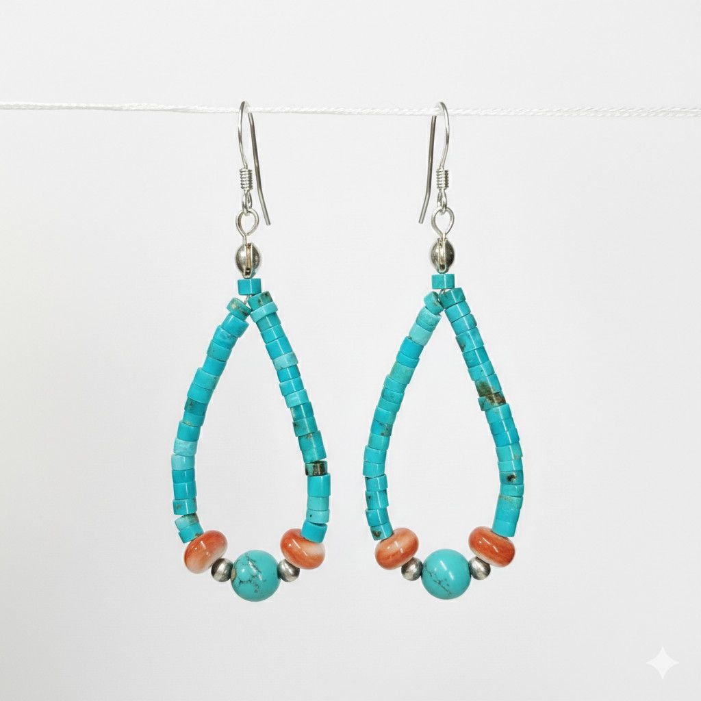Handmade Turquoise 2.25" Earrings 925 Sterling Silver Heishi Native Size ONE SIZE - 1 Thumbnail