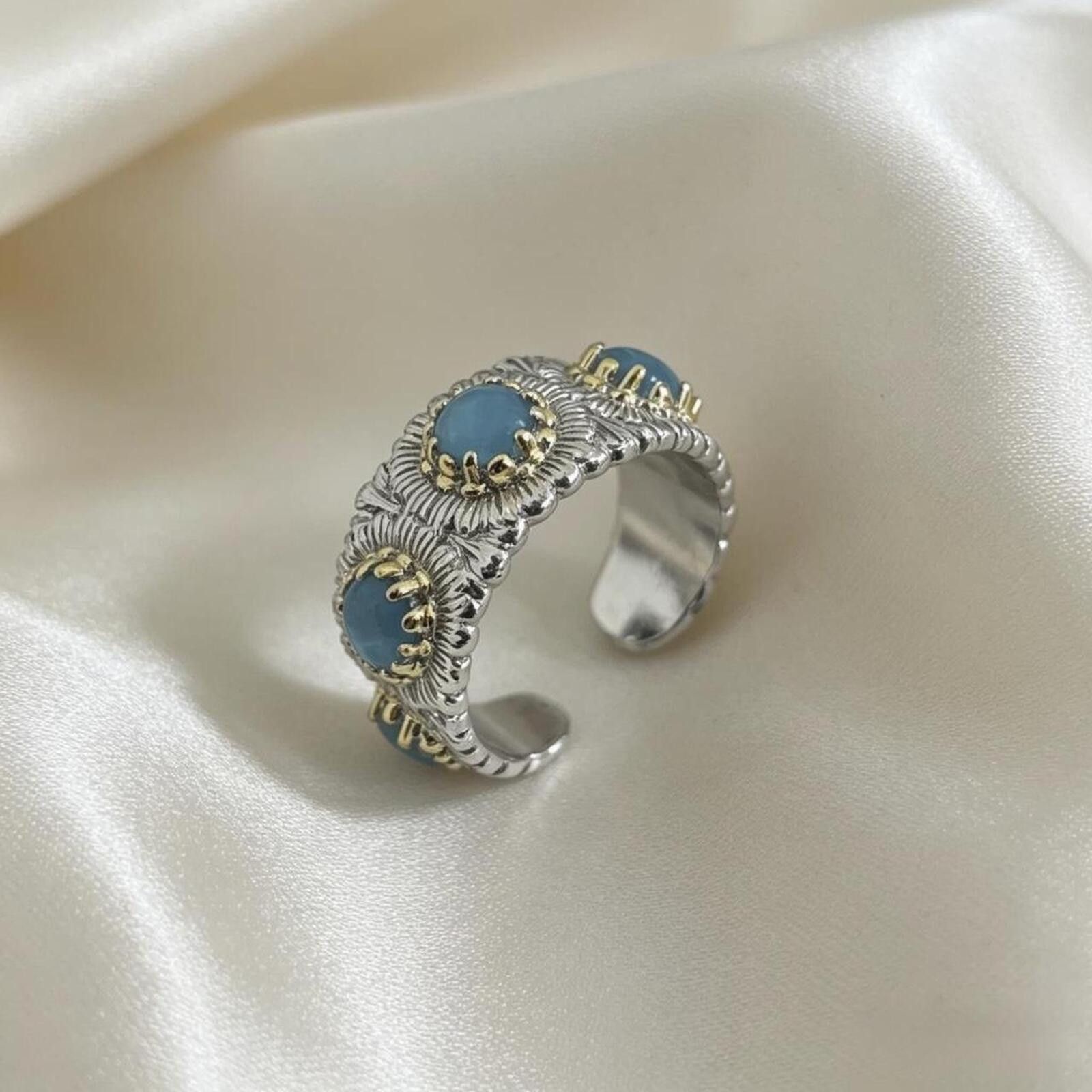 Other Vintage Blue Stone• Adjustable Silver Tone Floral Band Size ONE SIZE - 6 Thumbnail