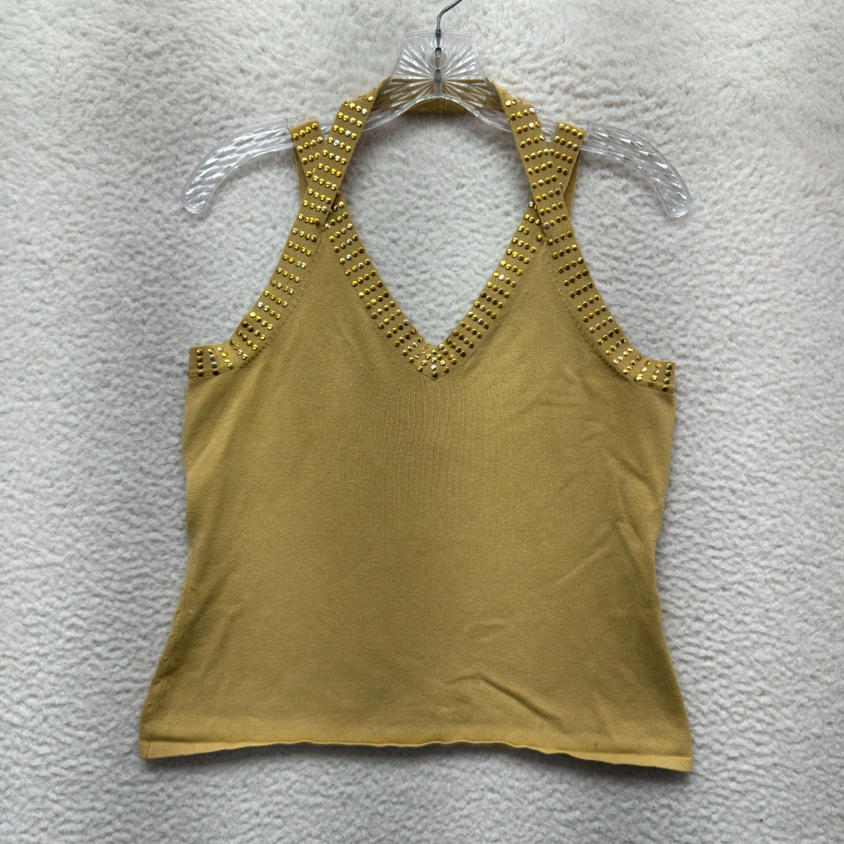 Vintage VINTAGE Y2K Halter Top Shirt Medium Silk Blend Mustard Yellow Knit Studded McBling Mens Girls Womens Size M / US 6-8 / IT 42-44 - 2 Thumbnail