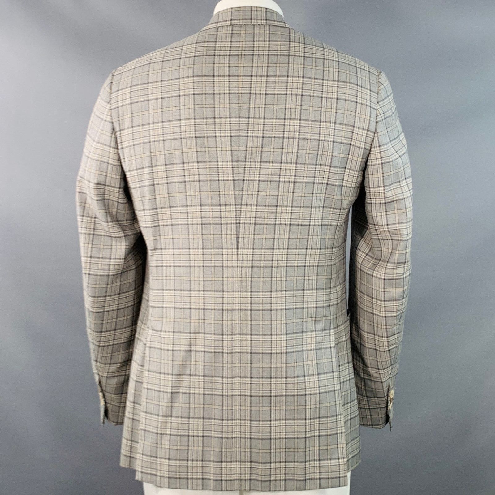 Isaia ISAIA 44 Long Grey Taupe Plaid Wool Notch Lapel Sport Coat Size 44R - 3 Thumbnail