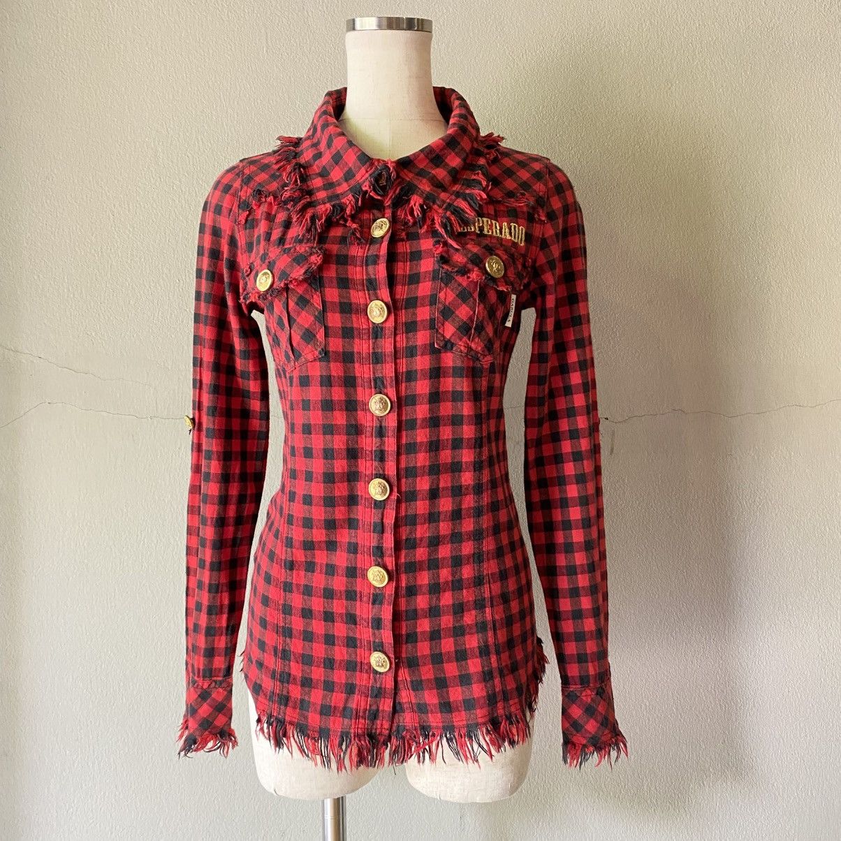 Designer × Japanese Brand GARULA Y2K Punk Red Black Check Frayed Shirt Size M / US 6-8 / IT 42-44 - 13 Thumbnail