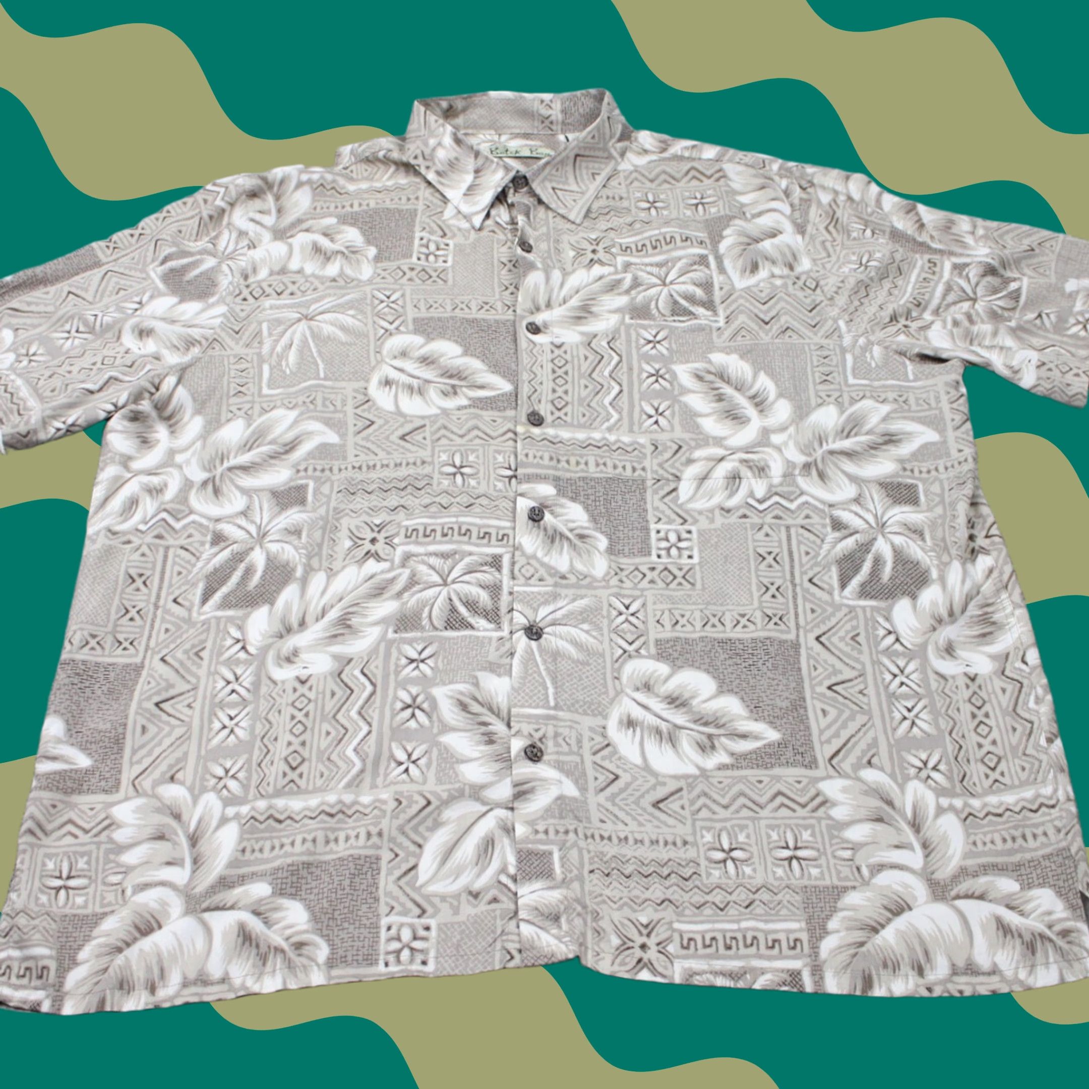 Vintage Batik Bay Mens XL Batik Bay Hawaiian Shirt Tan Floral Geometric 100% Rayon S/S Button Up Size US XL / EU 56 / 4 - 1 Thumbnail