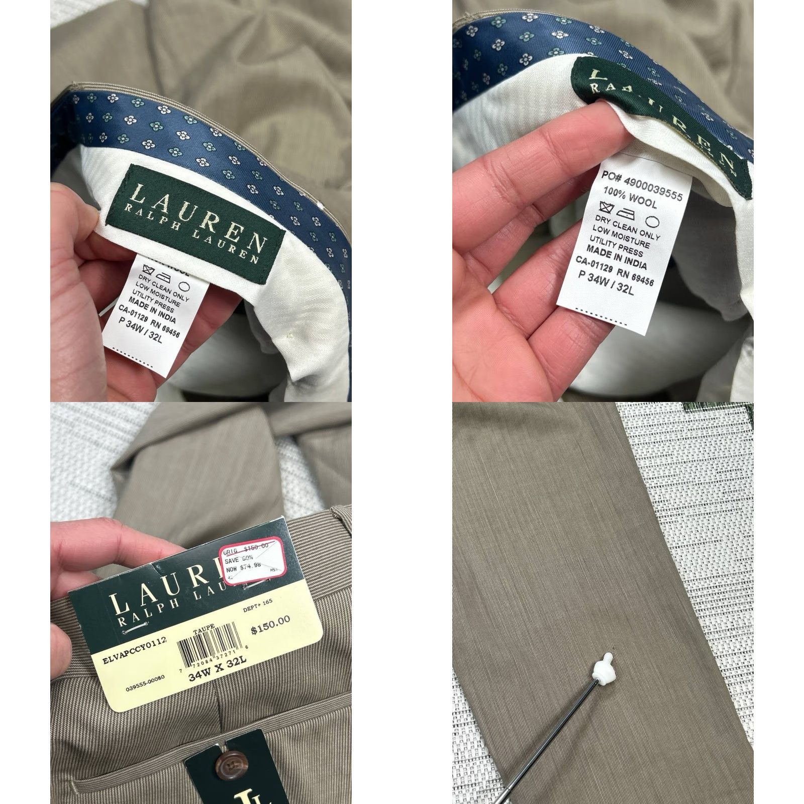 Ralph Lauren Lauren Ralph Lauren Pants Mens 34 Beige Wool Chino Striped Mid Rise Straight Leg Size US 34 / EU 50 - 9 Thumbnail