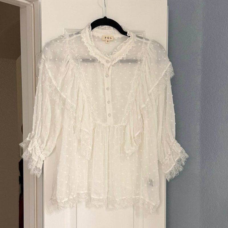 Other POL Swiss Dot Boho Cottagecore White Ruffle Lace Top NWOT Size S / US 4 / IT 40 - 2 Thumbnail