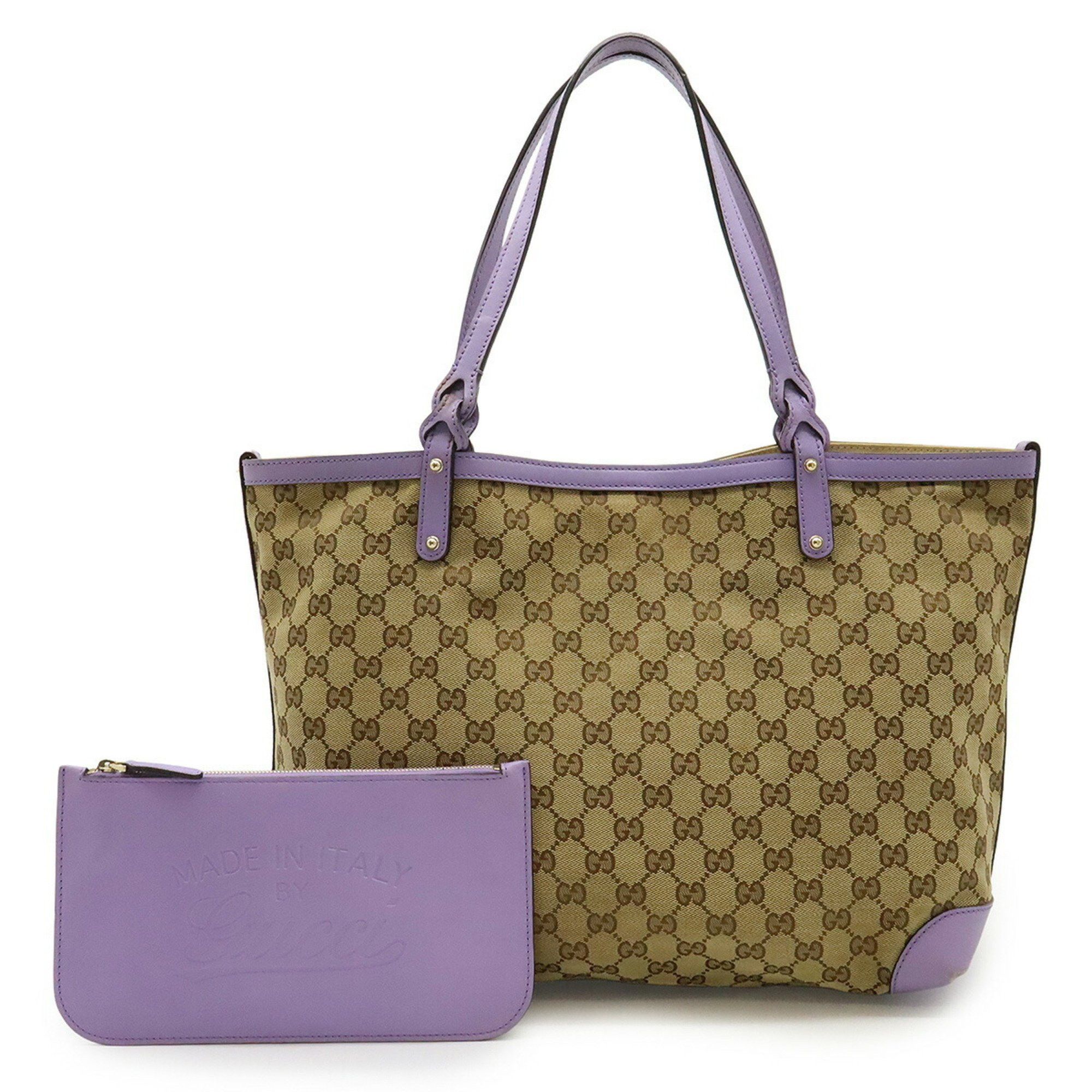 GUCCI GG Canvas Tote Bag Shoulder Leather Khaki Beige Purple 247209