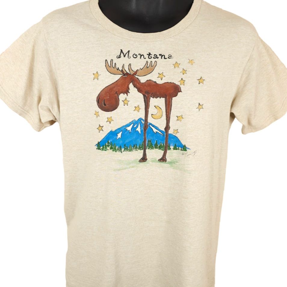 Fruit Of The Loom VINTAGE Montana Moose T Shirt Mens Size Medium Beige Y2K Animal Nature Tee Size US M / EU 48-50 / 2 - 2 Thumbnail