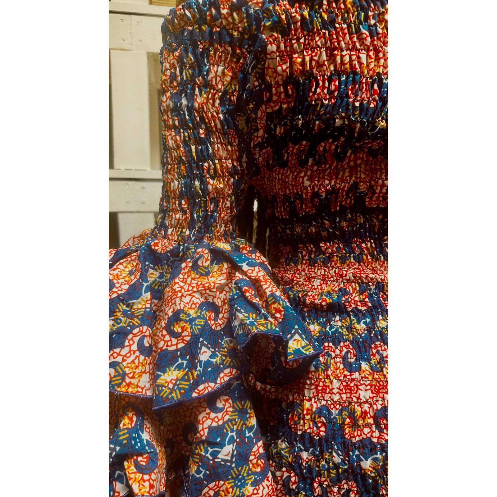 Other Handmade Blue & Red 70s Style African Strapless Dress Size M / US 6-8 / IT 42-44 - 3 Thumbnail