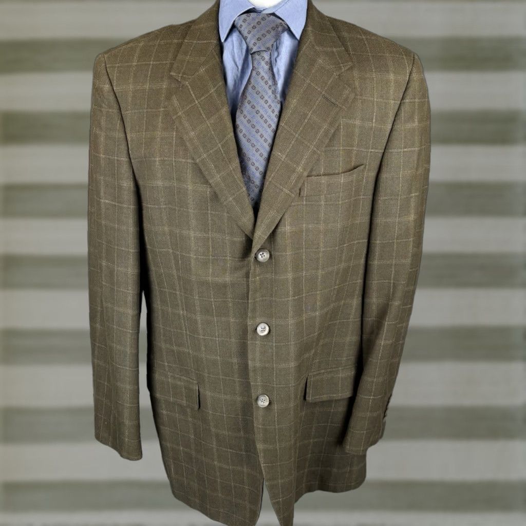 Nordstrom Nordstrom John W. Nordstrom Sport Coat 42L Olive Windowpane Notch Lapel 3-Button Slim Wool Silk Linen Jacket Coat Men Regular Long Size US XS / EU 42 / 0 - 1 Thumbnail