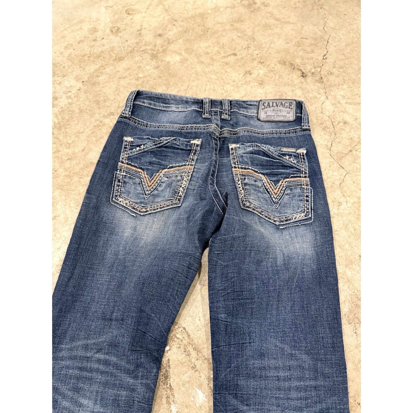 Vintage Salvage Jeans Mayhem Boot Mens 30S 30x29 Stretch Denim Whiskers Boocut Bootcut Regular Mens Blue Pant (Salvage) Size US 30 / EU 46 - 6 Thumbnail