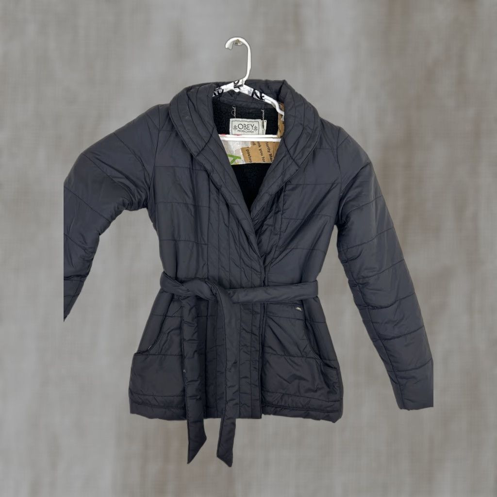 Obey OBEY Womens Medium Black Jacket Half Zip Button Belted Puffer Faux Sherpa Size M / US 6-8 / IT 42-44 - 1 Thumbnail