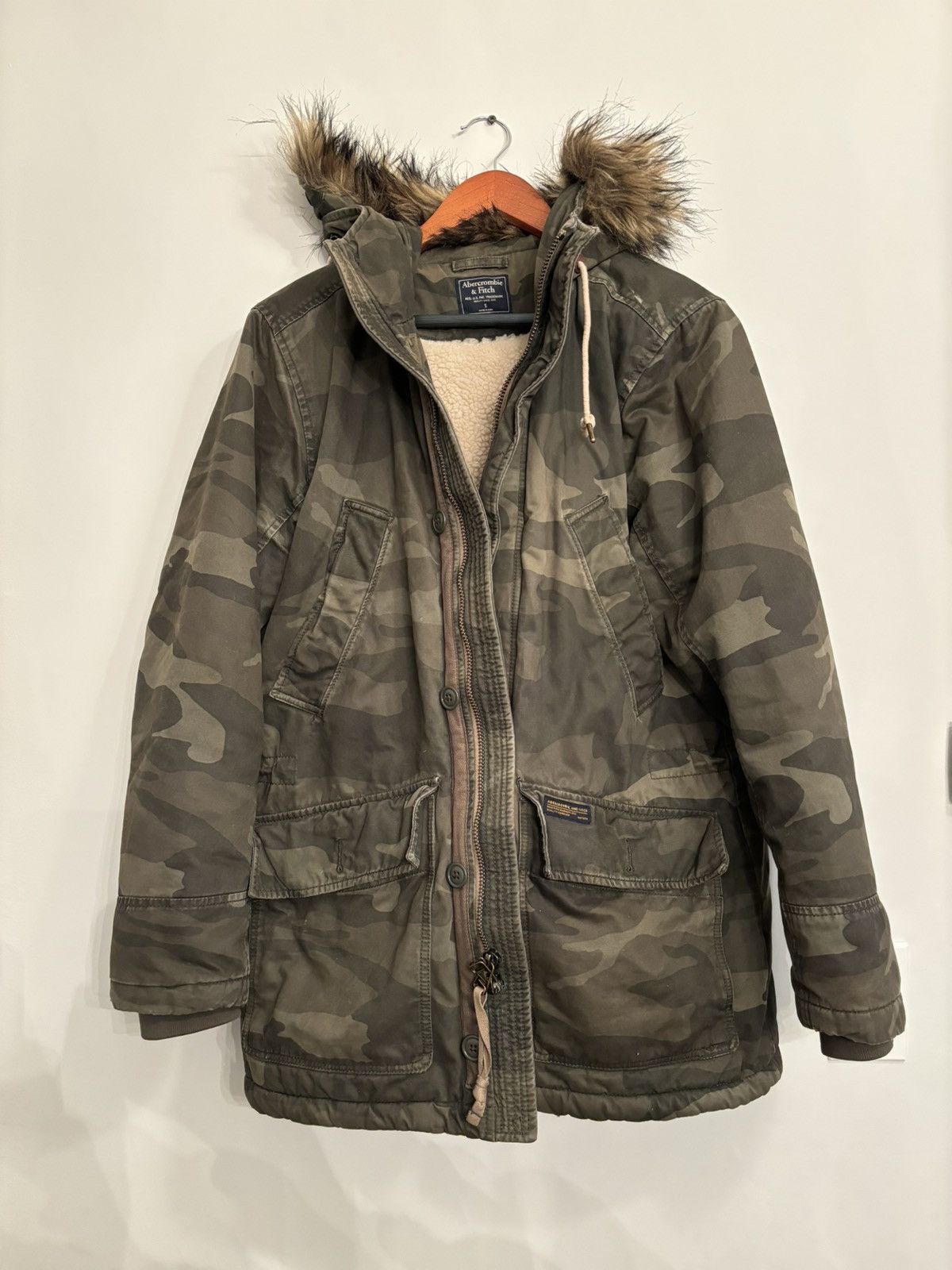Green camouflage parka with faux fur hood - Main Image