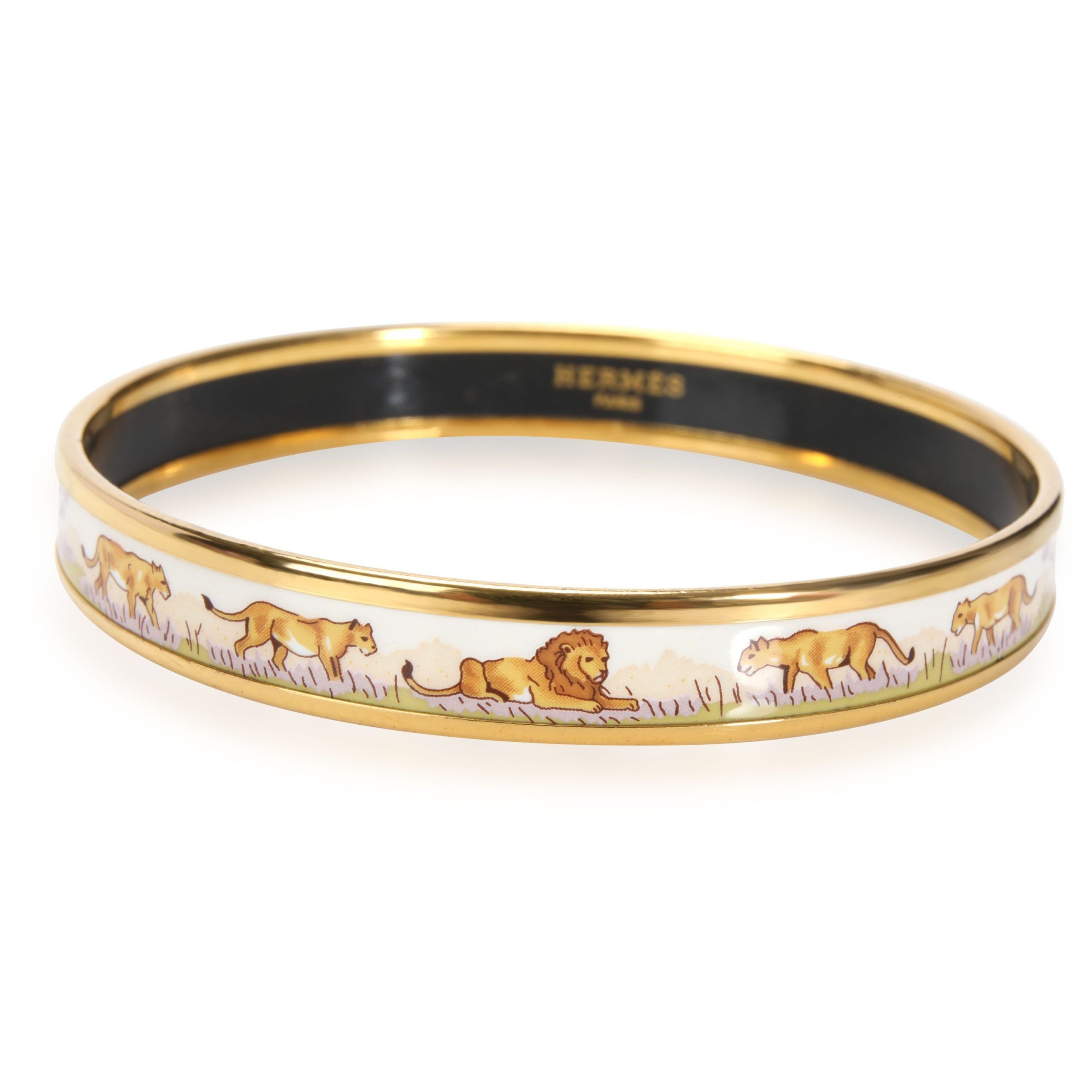 image of Hermes Pink Savannah & Lion Wide Gold Plated Bangle in Yellow, Women's