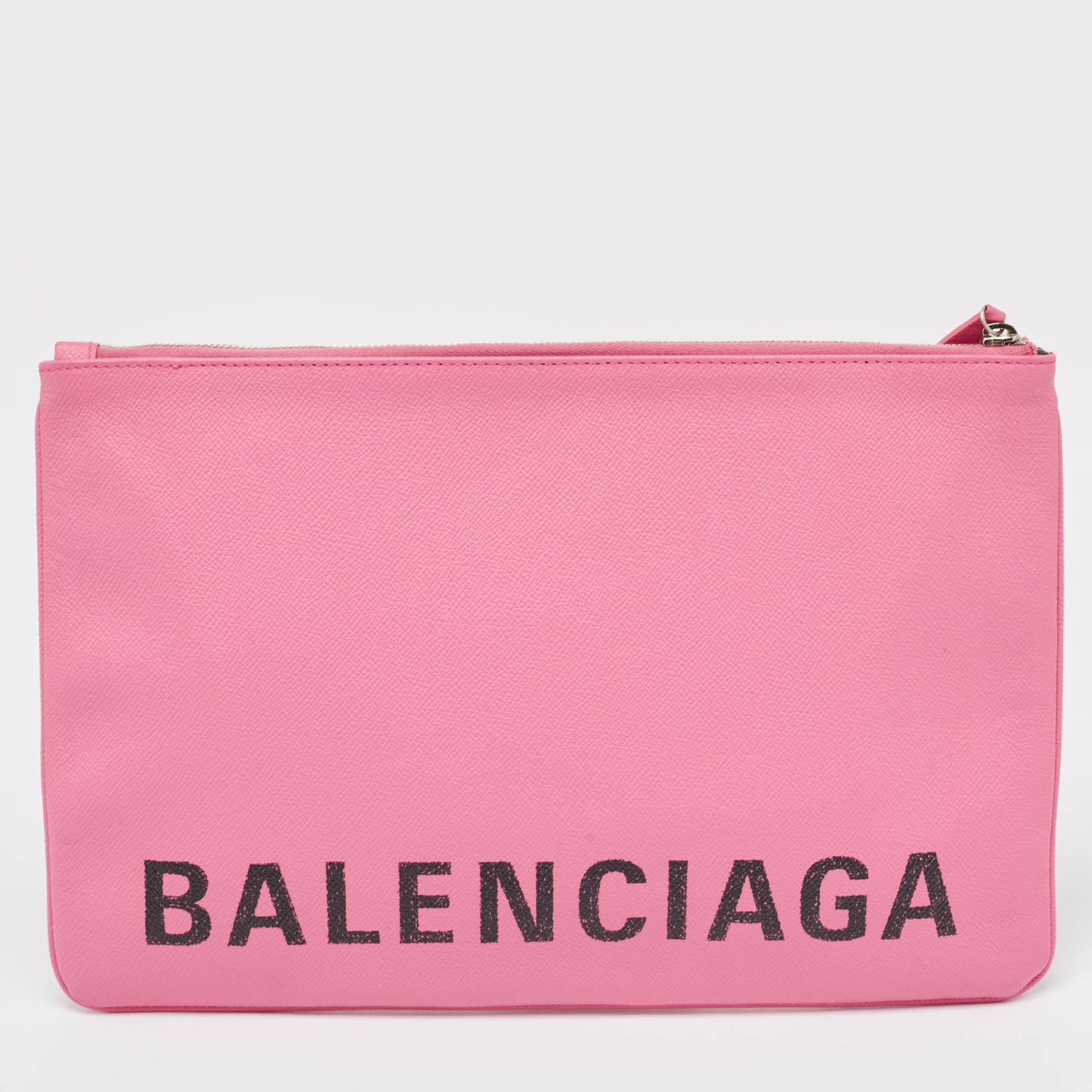 image of Balenciaga Pink/black Leather Ville Zip Pouch, Women's