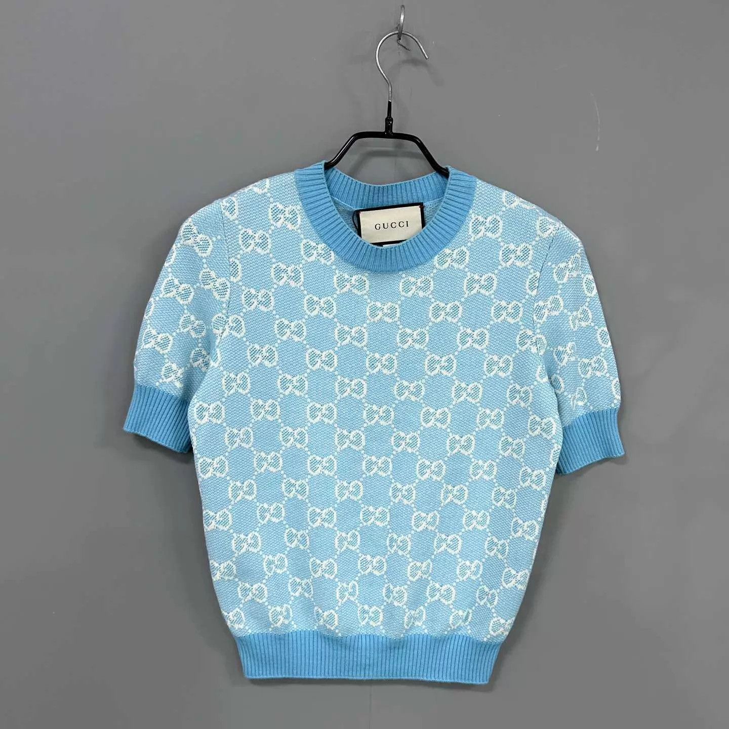 Gucci GUCCI sky blue jacquard all-over print knit short sleeve S Size S / US 4 / IT 40 - 1 Thumbnail
