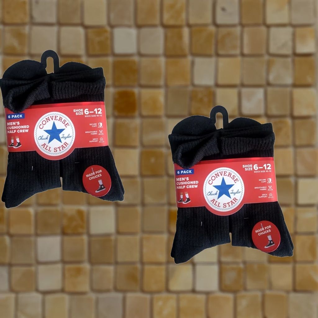 Converse Converse Mens Chuck Taylor All Star Crew Socks Cushioned - 6 Pairs Black 6-12 Socks Crew Casual Gym & Training Mens Size ONE SIZE - 1 Preview