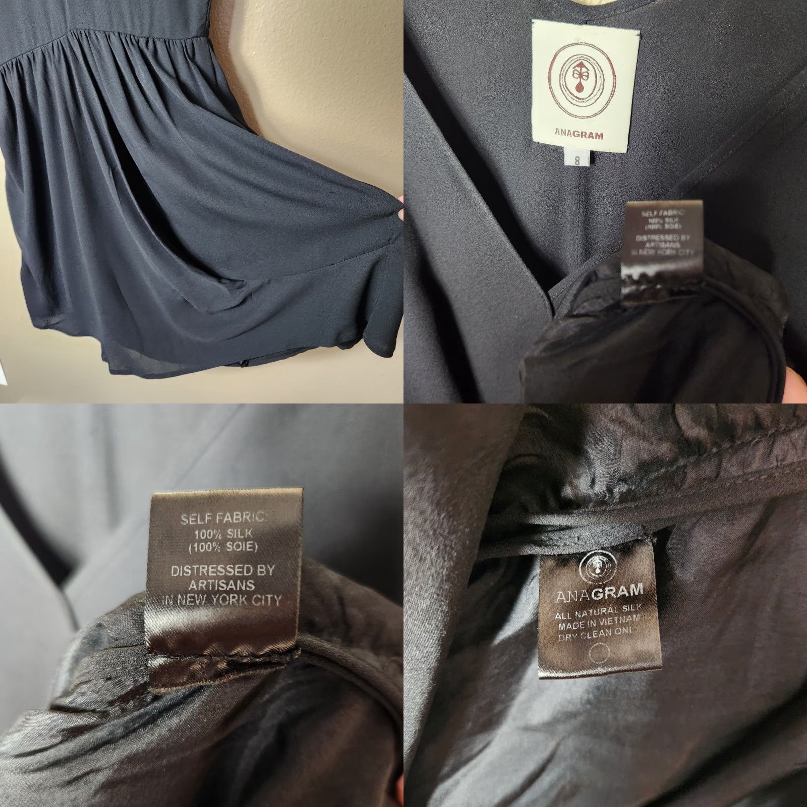 Vintage ANAGRAM Dress Black Silk Ruched Cap Sleeve Surplice Dress-Size 8 Size M / US 6-8 / IT 42-44 - 8 Thumbnail