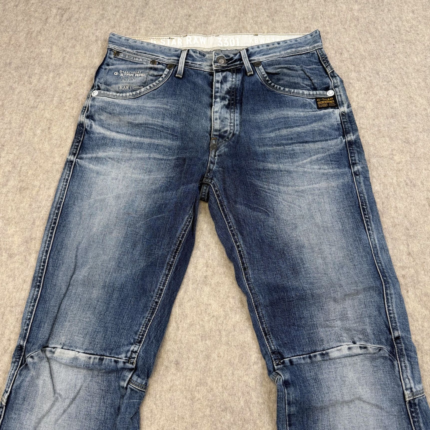 Vintage G-Star RAW Jeans Mens 32x34 Blue Medium Wash 3301 Distressed Denim Button Fly Tapered Relaxed 32 Inseam Jeans Men Blue 3301 Size US 32 / EU 48 - 2 Thumbnail