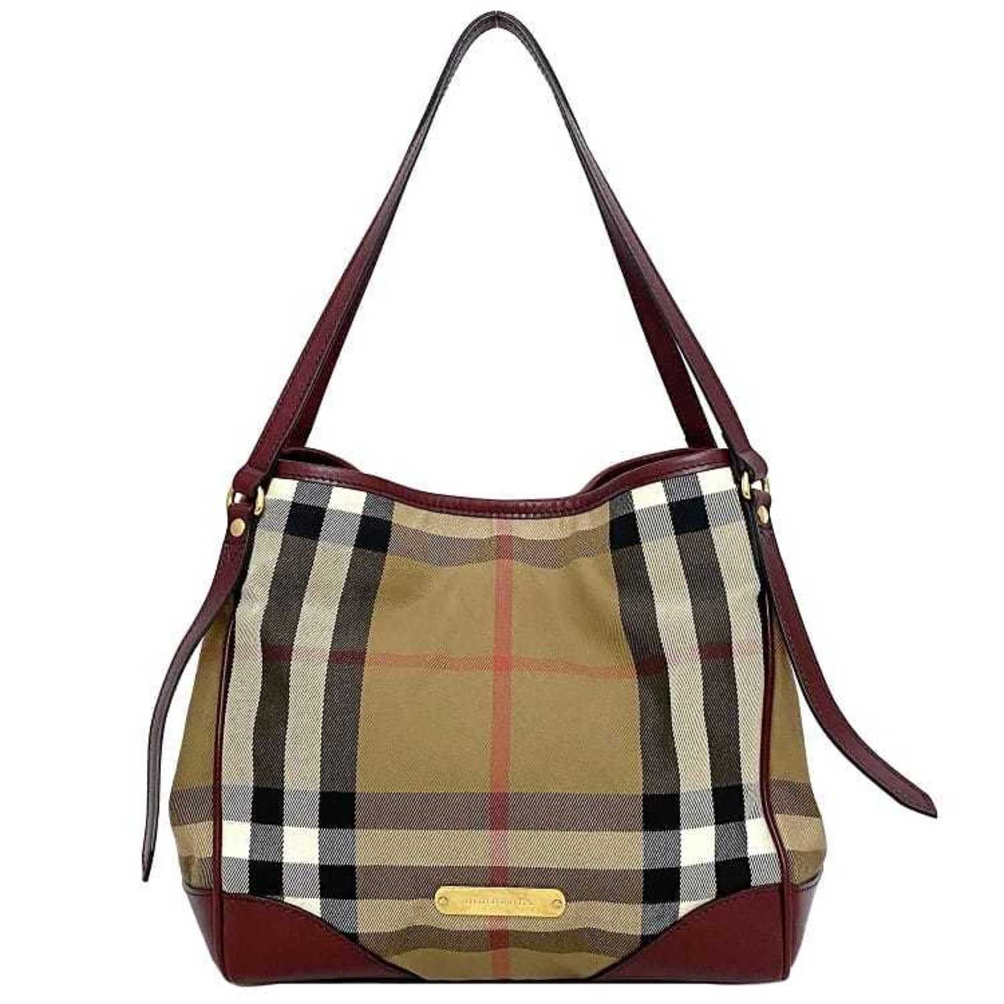 image of Burberry Tote Bag Beige Red Mega Check Canvas Leather Burberry Ladies, Women's