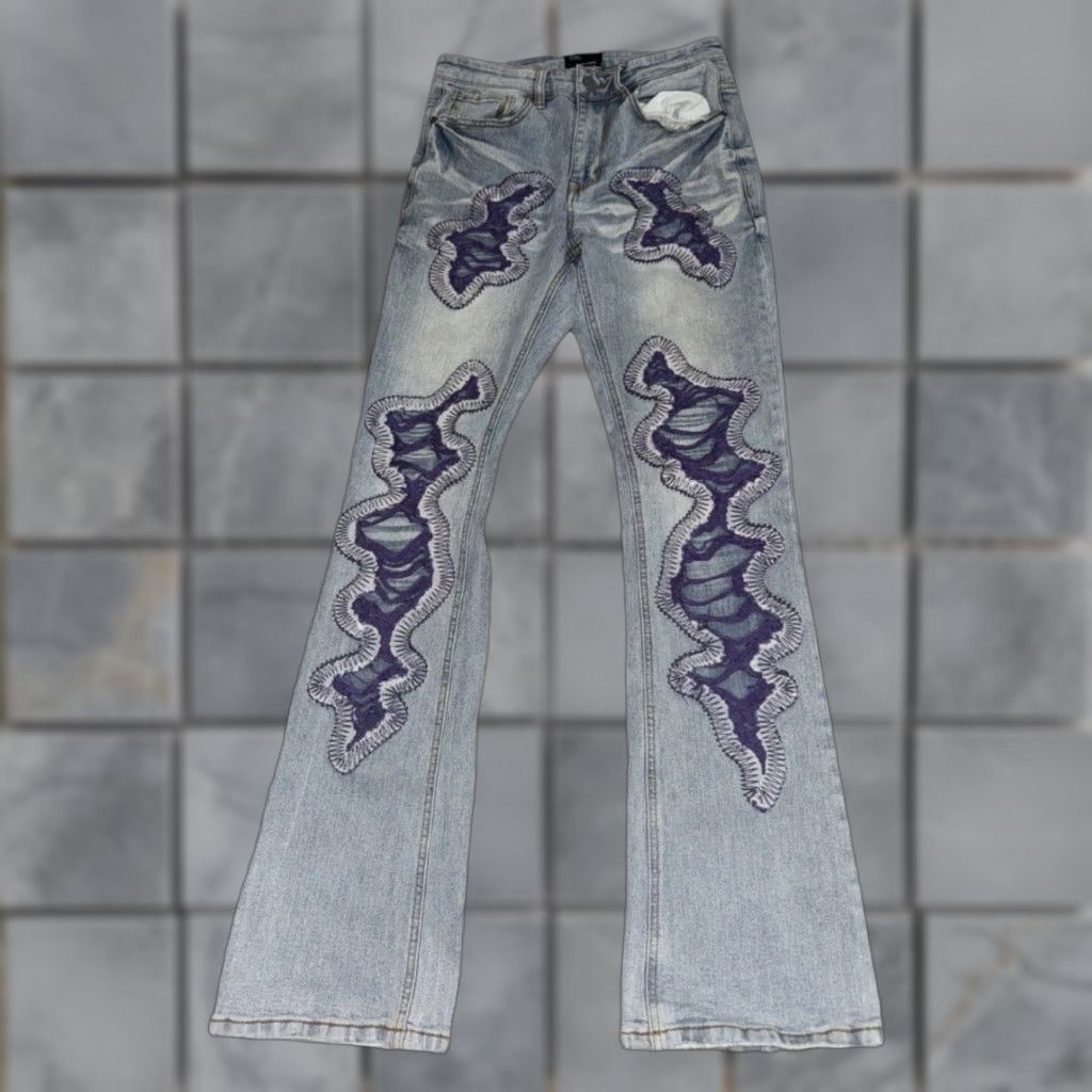 Denime EPTM Jeans Flared Denim Streetwear Distressed Embroidered Blue 30x33 Mens Regular Jeans Size US 30 / EU 46 - 1 Thumbnail