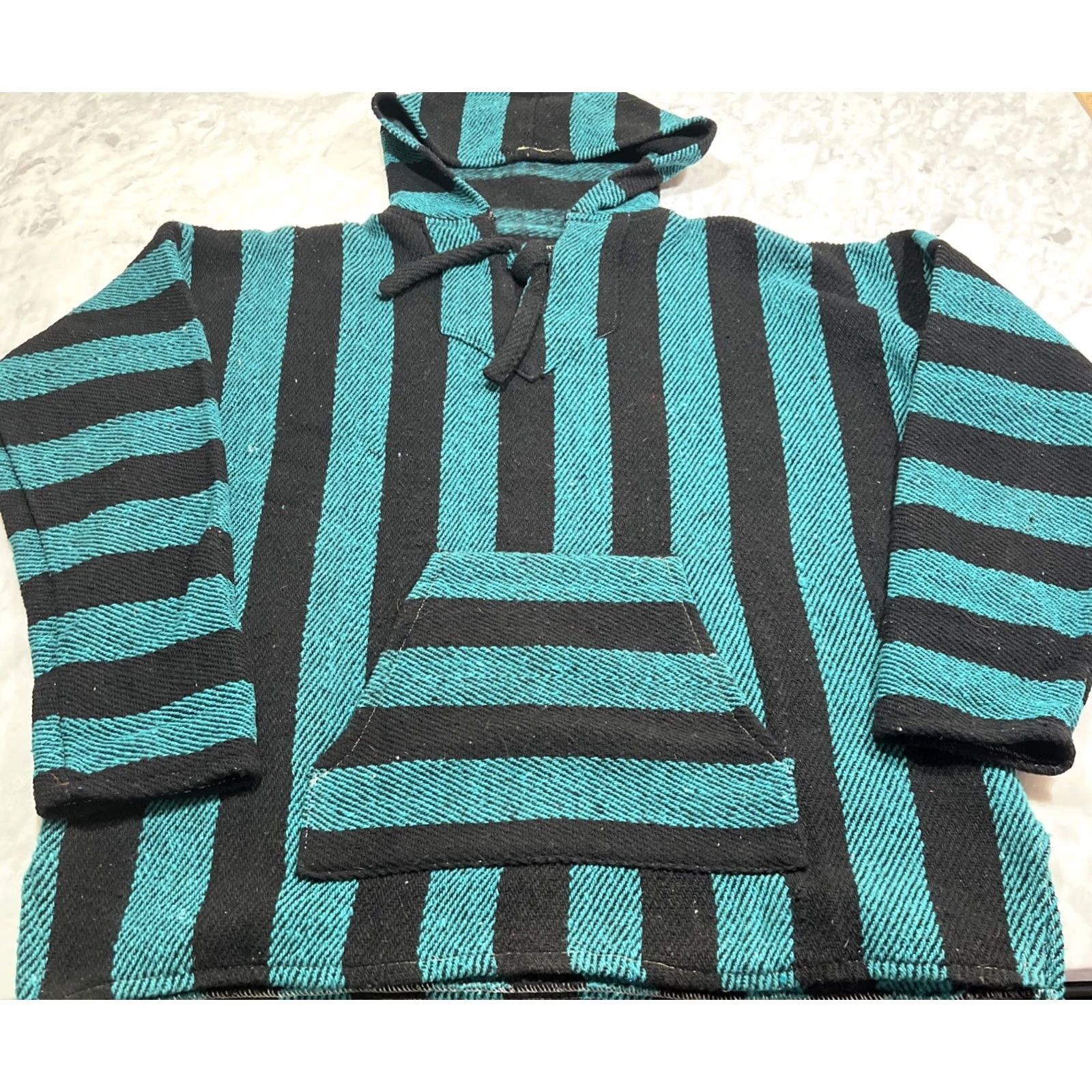 Altea VINTAGE Arti-Lana Hoodie Men XL Pullover Black Teal Striped Beach Hippie Pockets Geometric Tweed Wool Blend Size US XL / EU 56 / 4 - 2 Thumbnail