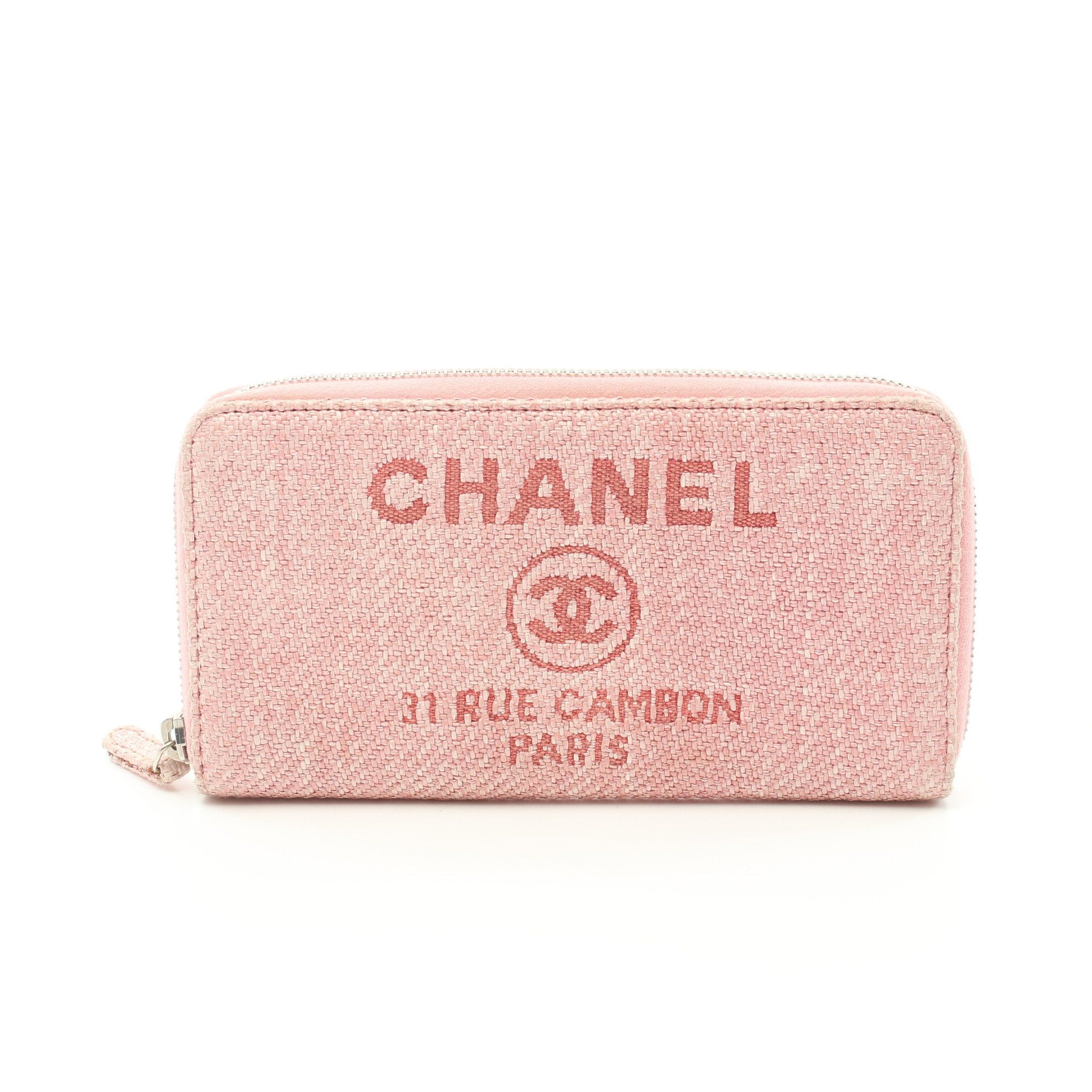 image of Chanel Deauville Line Round Zipper Long Wallet Straw Pink Silver Hardware, Women's