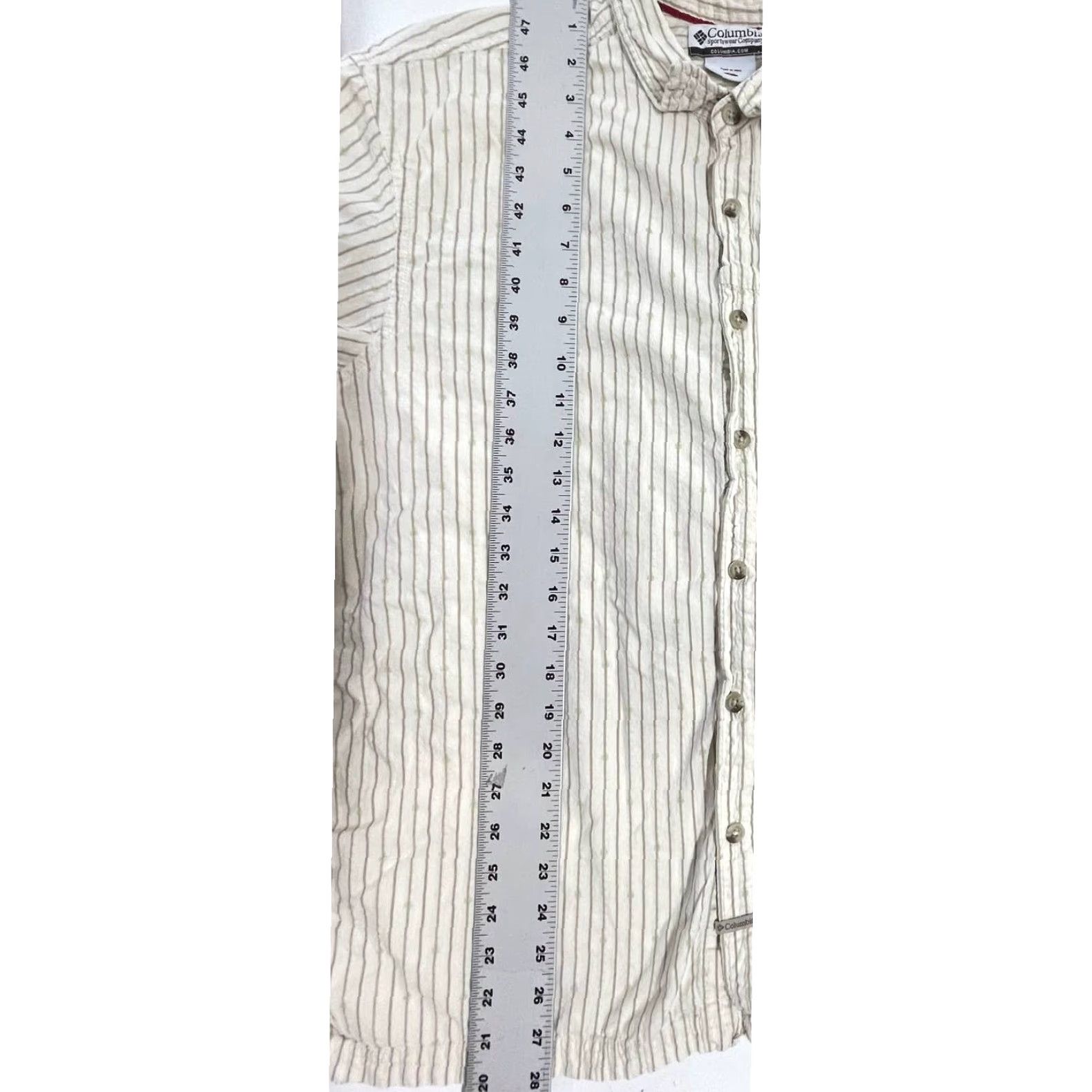 Vintage Columbia Button Up Shirt Mens L Beige Blue Striped Short Sleeve 100% Cotton Regular Fit Casual Classic Outdoor Men Size US L / EU 52-54 / 3 - 5 Thumbnail