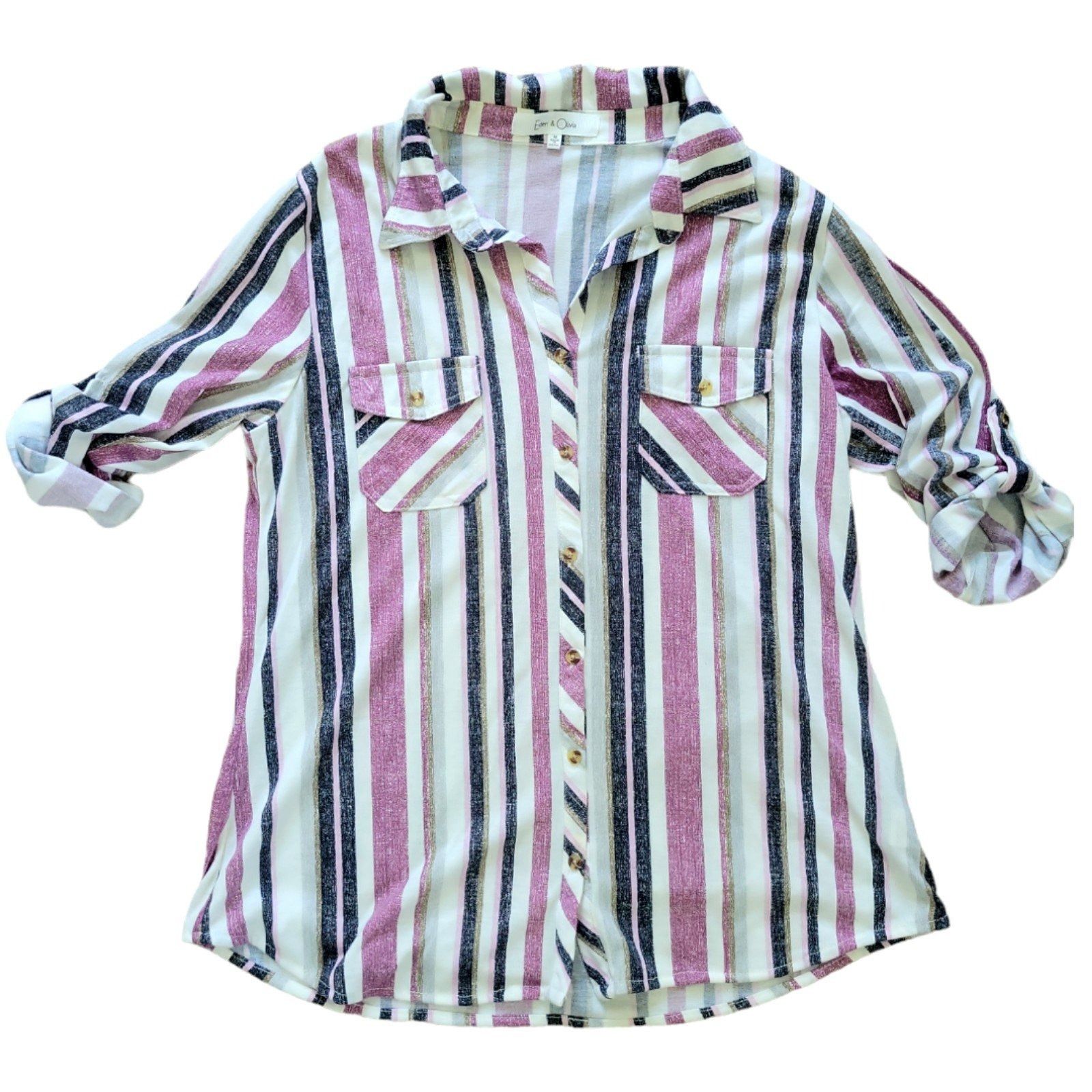 Other Womens M eden & Olivia purple striped 3/4 sleeve button tab Size M / US 6-8 / IT 42-44 - 4 Thumbnail