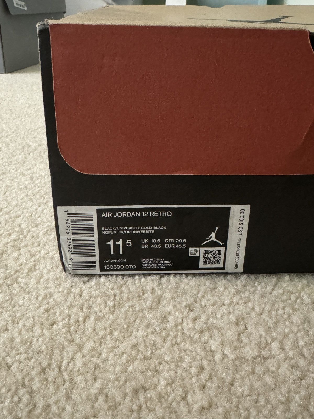 Jordan Brand Air Jordan 12 Retro Black University Gold Size US 11.5 / EU 44-45 - 7 Thumbnail