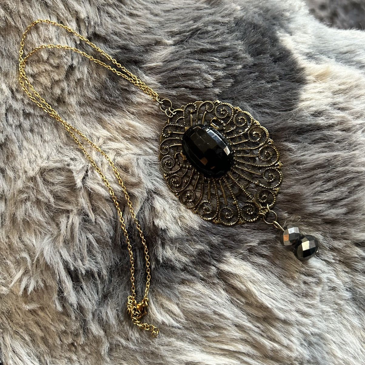 Handmade Handcrafted brass filigree faceted dome black glass necklace Size ONE SIZE - 5 Thumbnail