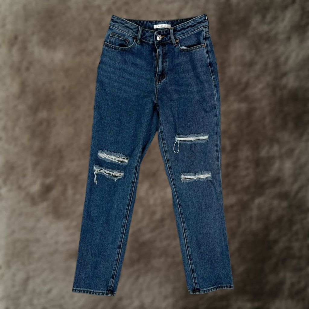 Pacsun PacSun Jeans Women's 25 Blue Mom Jean Distressed Knees High Rise Tapered Leg Size 42" / US 20 - 1 Thumbnail