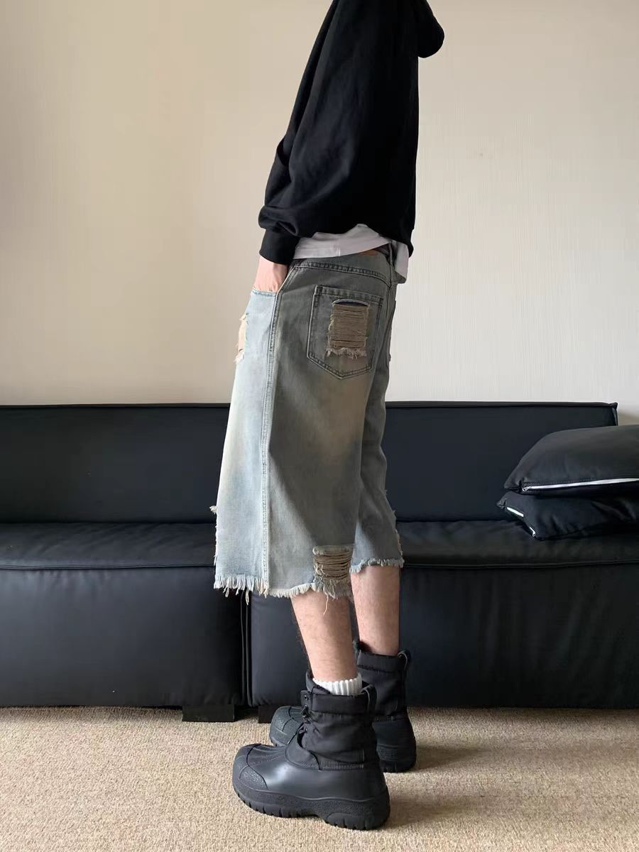 Japanese Brand × Vintage Vintage ripped raw edge washed baggy denim shorts Size US 34 / EU 50 - 2 Thumbnail