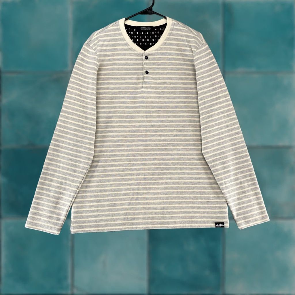 Scotch & Soda Scotch & Soda Shirt Mens XL Henley Gray White Striped Long Sleeve Pullover Top Size US XL / EU 56 / 4 - 1 Thumbnail