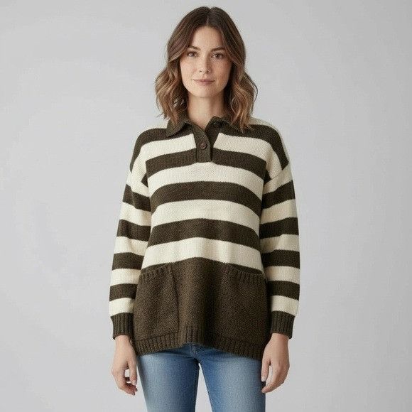 Vintage Vintage 100% Wool Olive Green Striped Collared Sweater with Size L / US 10 / IT 46 - 1 Thumbnail