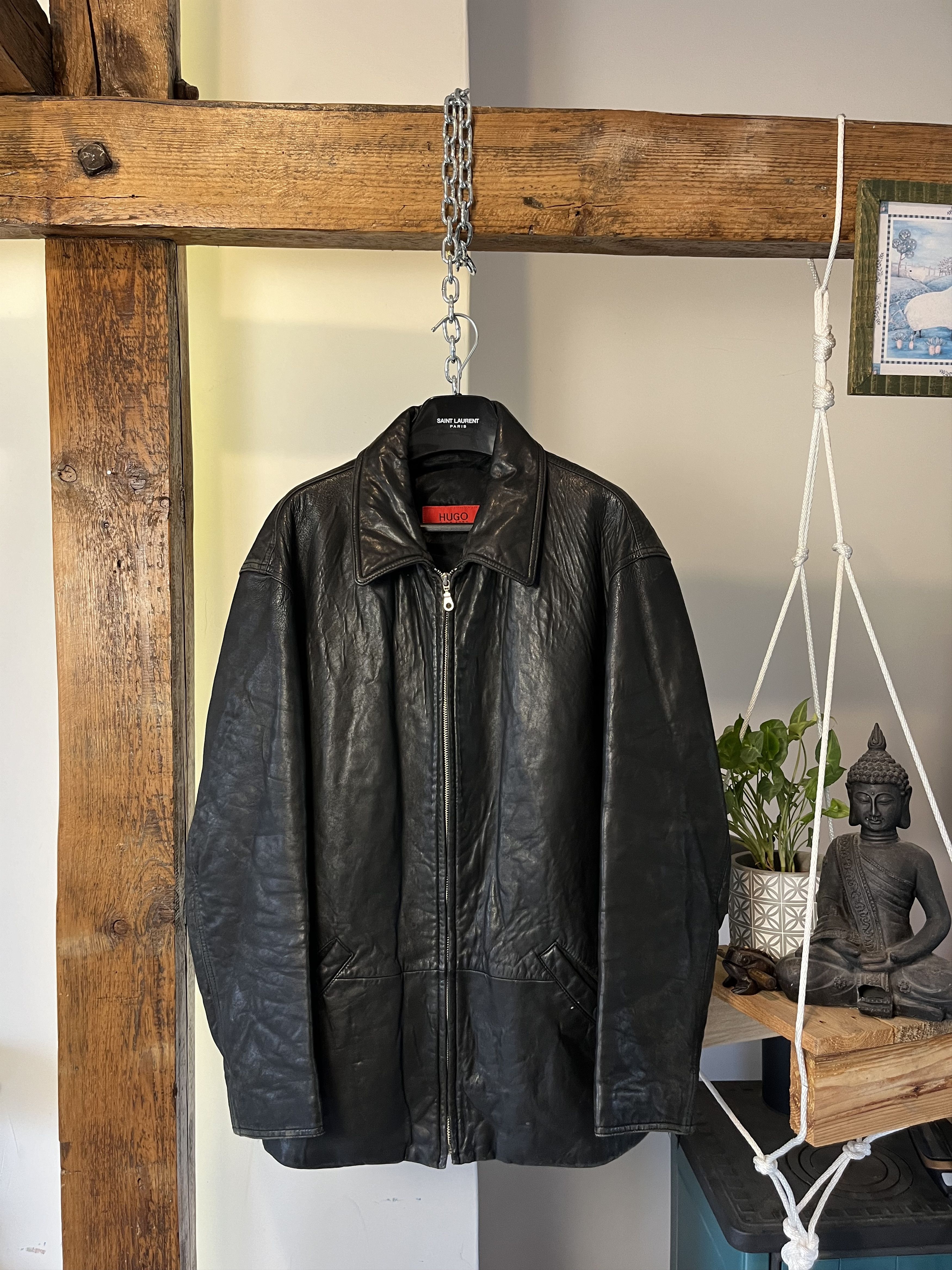 Image of Vintage Hugo Boss Lamb Leather Jacket in Black, Men's (Size XL)