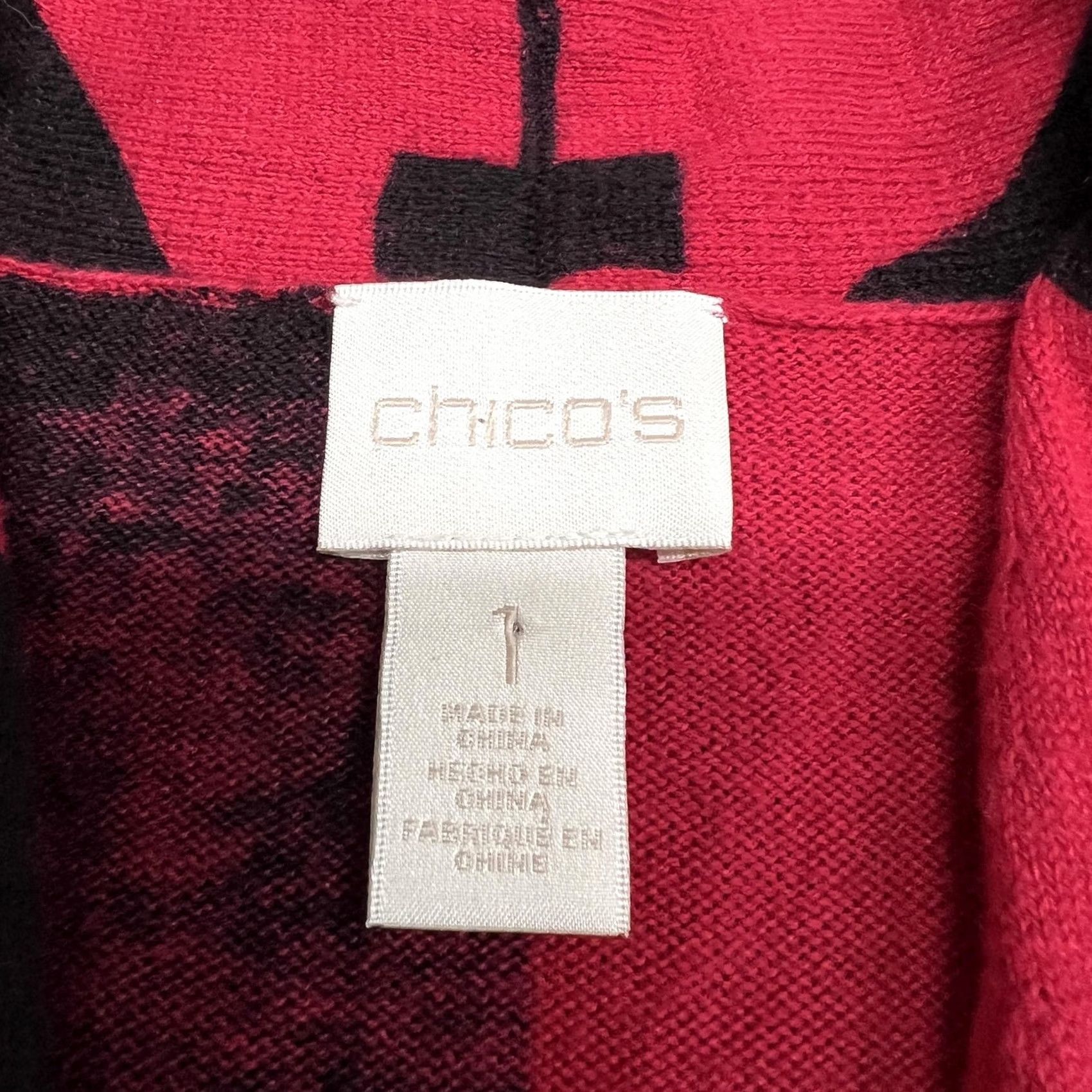 Vintage Chicos Cardigan Sweater Womens 1 Red Black Geometric Print Open Front Knit Prep Size XS / US 0-2 / IT 36-38 - 3 Thumbnail
