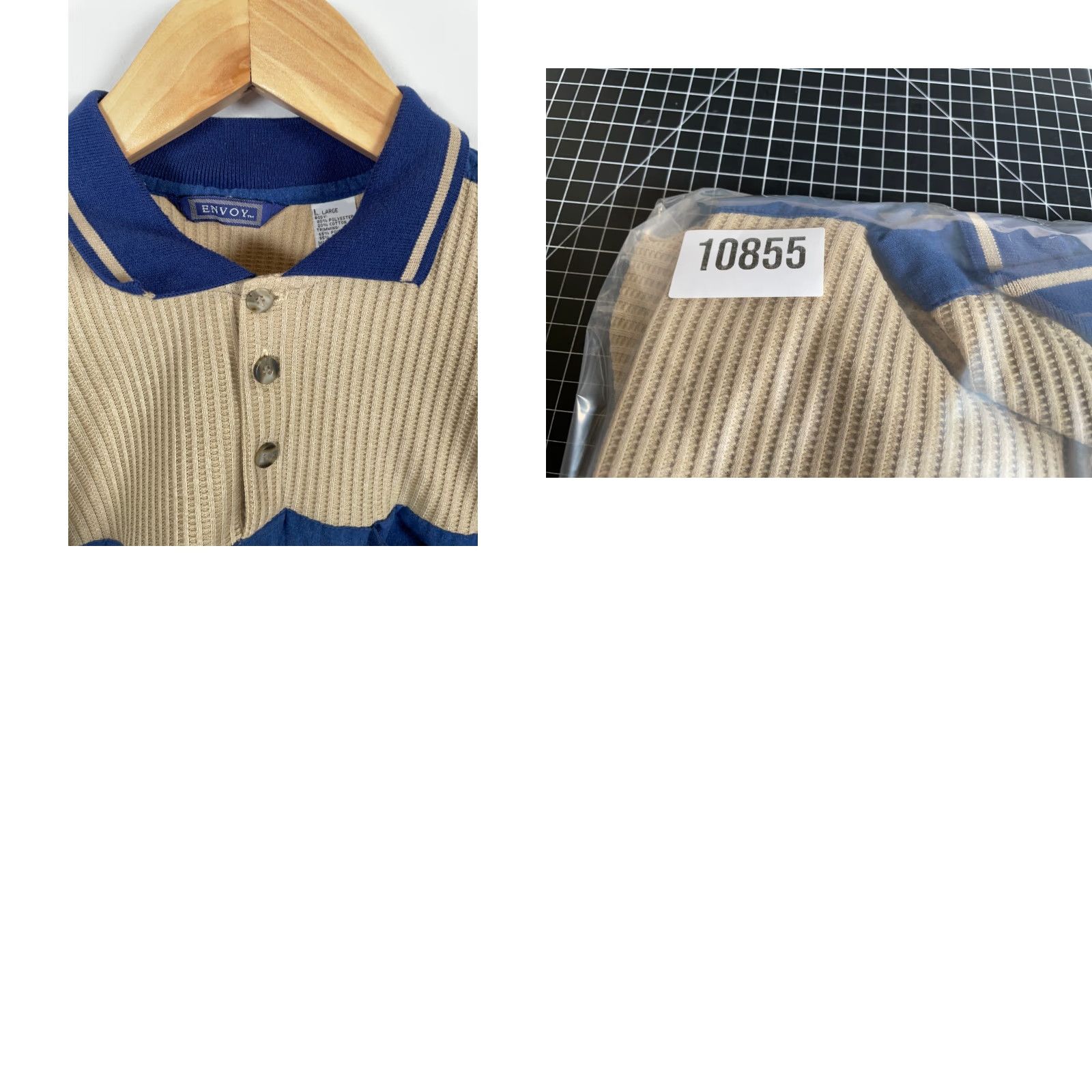 Vintage Envoy Polo Shirt Shirt Adult Large Beige 90s Retro Waffle Knit Long Sleeve Blue Panel Trim Vintage Mens Size US L / EU 52-54 / 3 - 9 Thumbnail