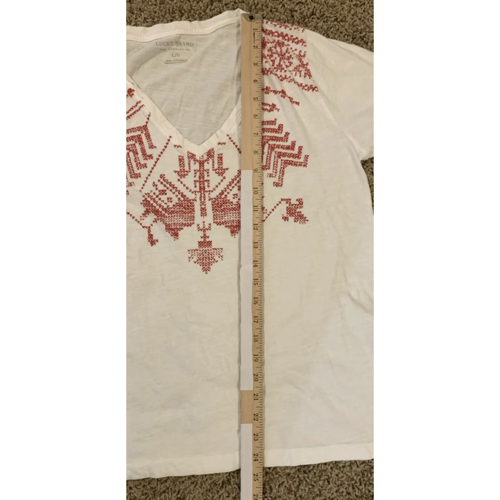 Lucky Brand Lucky Brand Women's T-Shirt V-Neck Short Sleeve 100% Cotton White Geometric Print Top L Regular Budget-friendly Casual Size L / US 10 / IT 46 - 3 Thumbnail
