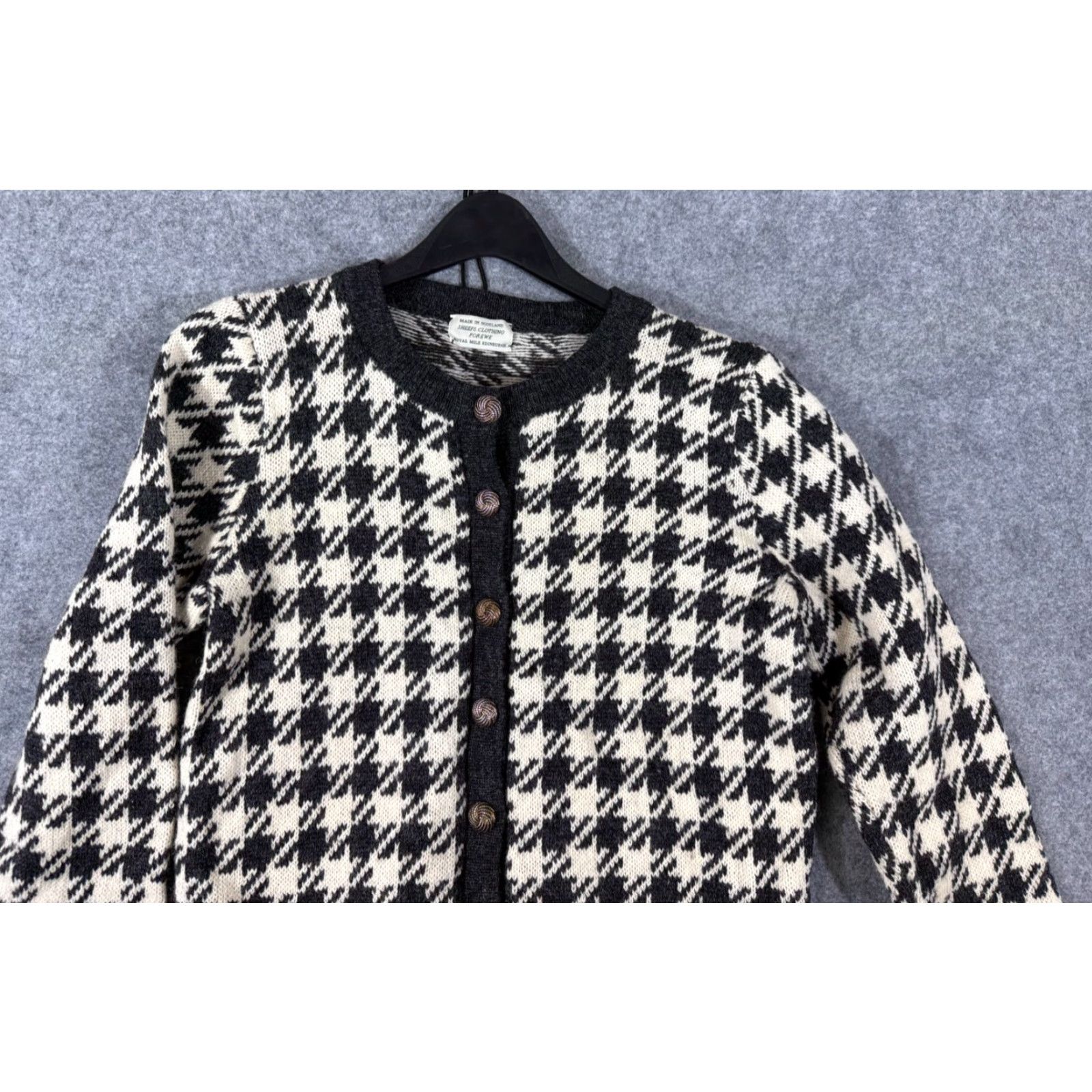 Vintage Sheeps Clothing Forewe Wool Sweater Womens S Ivory Black Houndstooth Cardigan Crew Neck Long Sleeve Knit Button Size S / US 4 / IT 40 - 3 Thumbnail