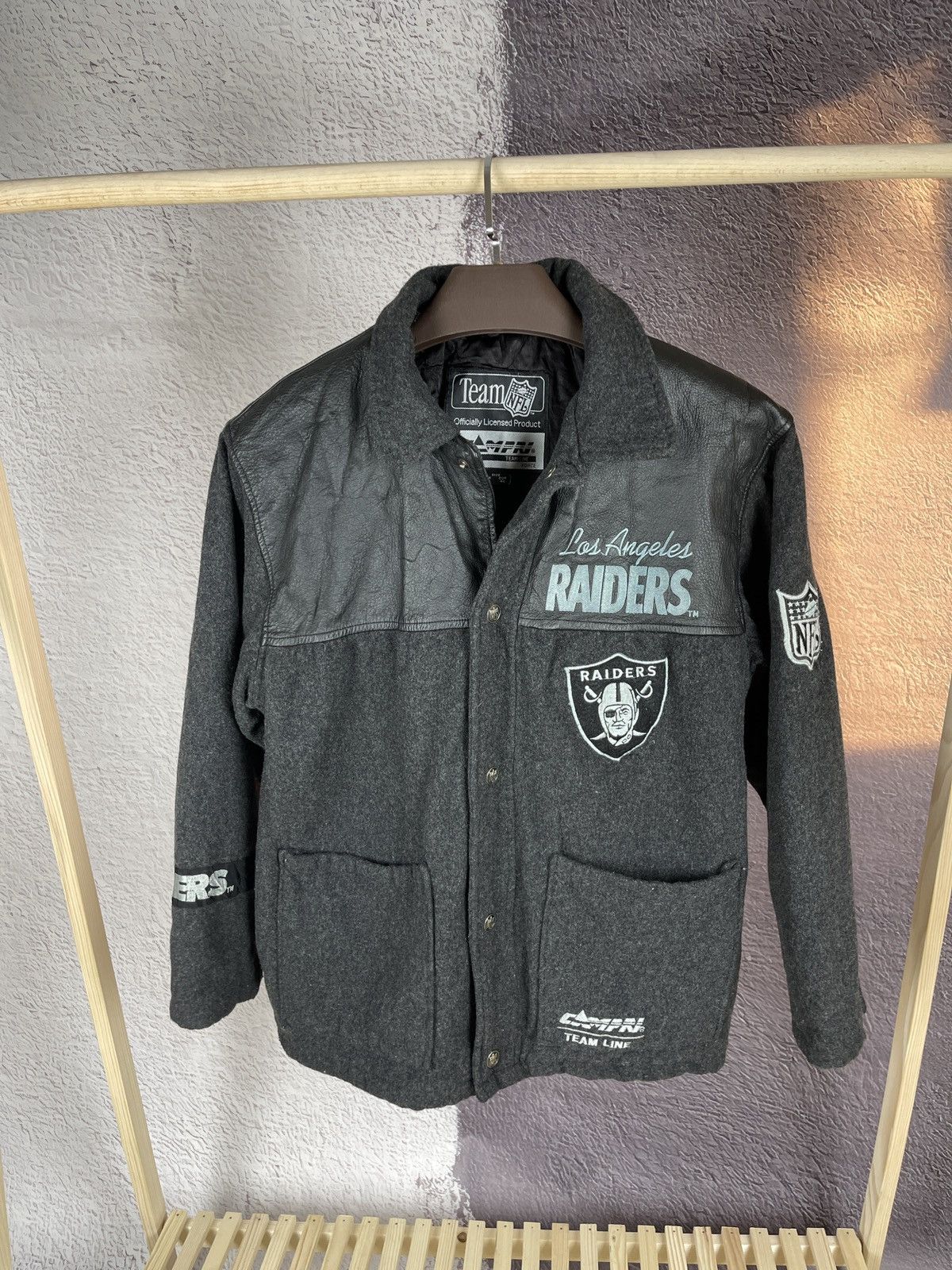 image of Nfl x Vintage Campri Vintage 90's Los Angeles Raiders Wool Leather Coat in Grey, Men's (Size Small)