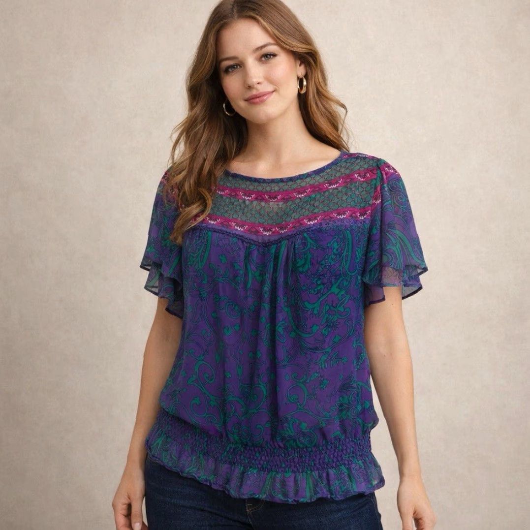 Nicole Miller Nicole Miller Blouse L Short Sleeve Sheer Purple Pink Green Boho Grunge Party Casual Womens Size L / US 10 / IT 46 - 2 Thumbnail